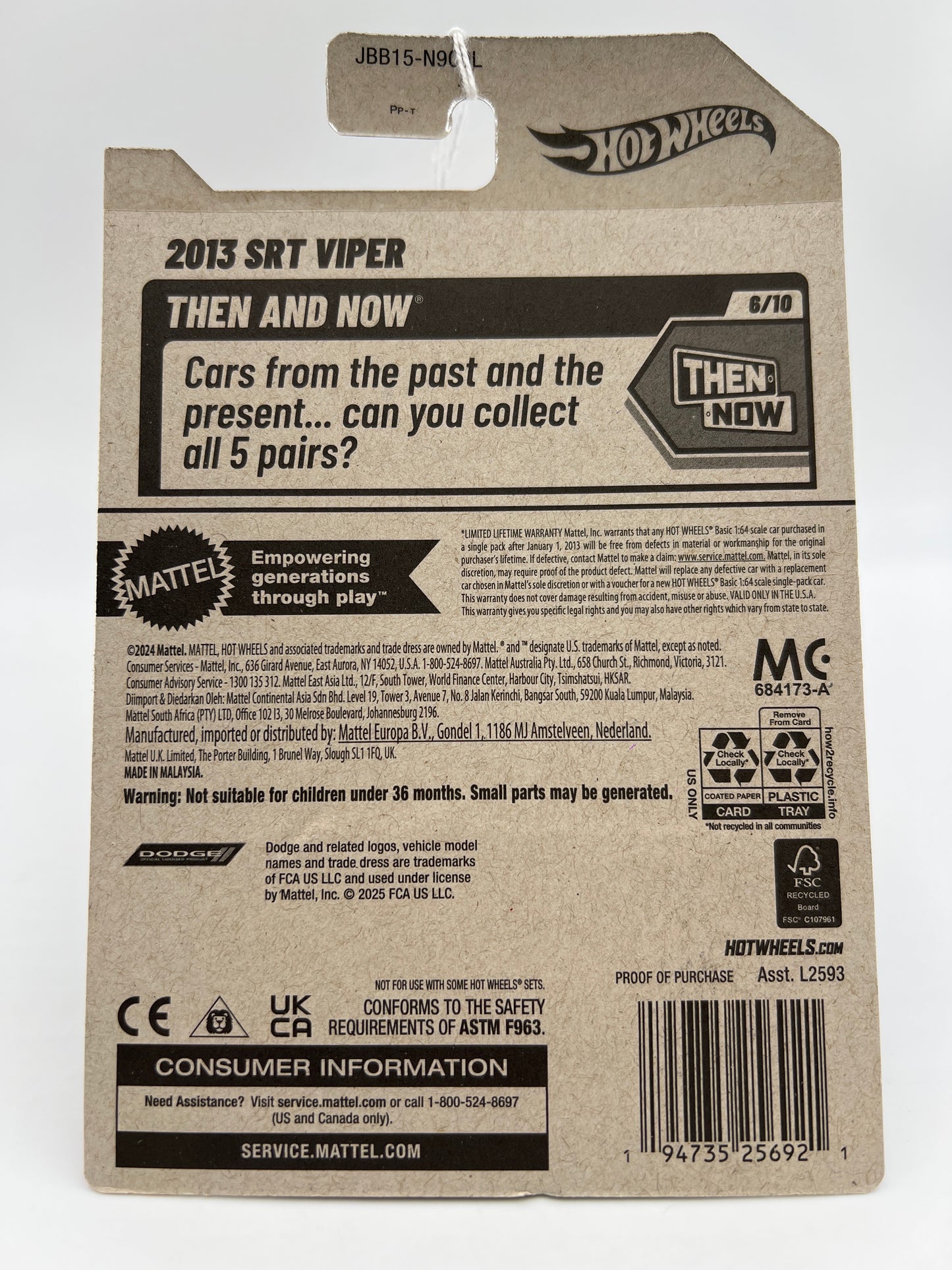 2025 Hot Wheels L Case Then And Now #214 2013 SRT Viper White 53B