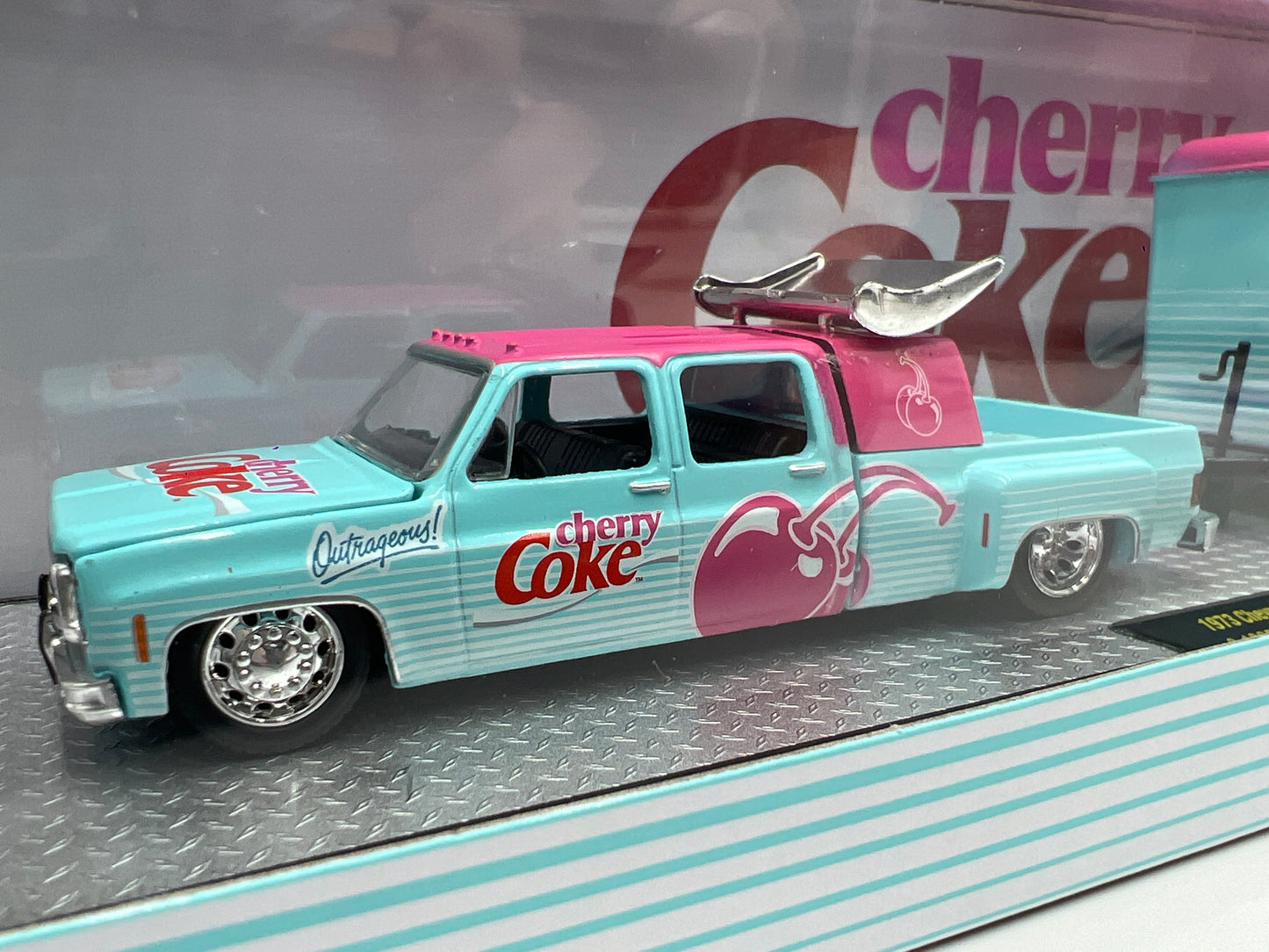 2025 M2 Machines Auto Haulers Cherry Coke 1973 Chevrolet Cheyenne Super 30 & 1985 Chevrolet Camaro IROC-Z TW40