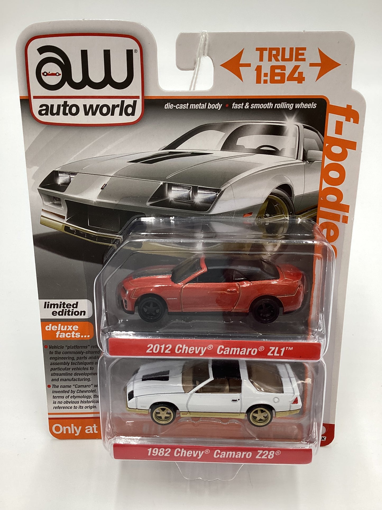 Auto World 2 Pack Target Exclusive F-Bodies Release 2 Version B 2012 Chevy Camaro ZL1 Dark Orange 1982 Chevy Camaro Z28 White 184D