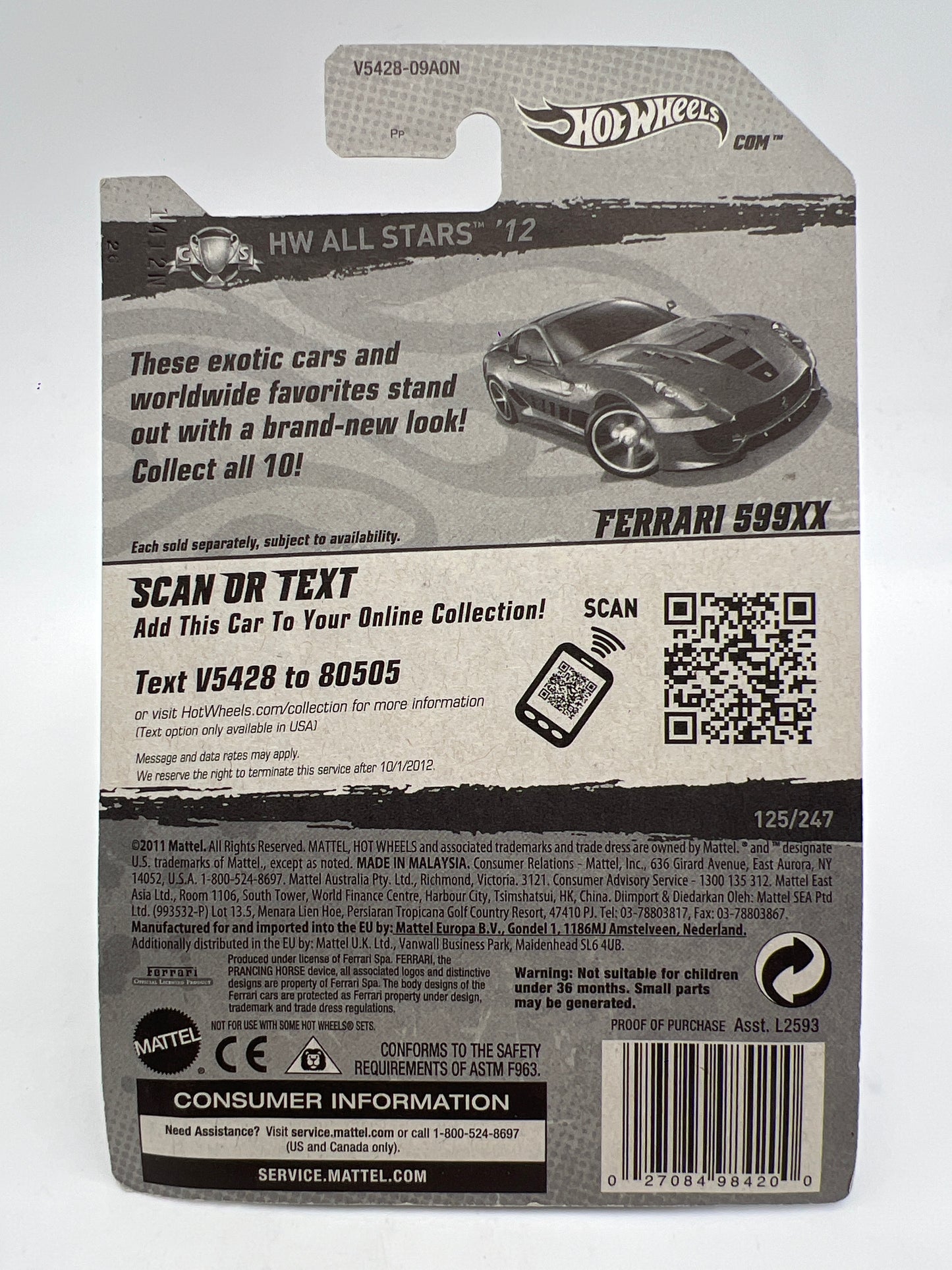 2012 Hot Wheels All Stars #125 Ferrari 599XX Red W/Protector 1