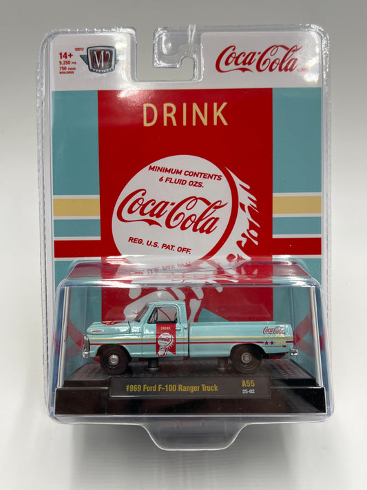 2025 M2 Machines Coca Cola 1969 Ford F-100 Ranger Truck Light Blue A55 202F
