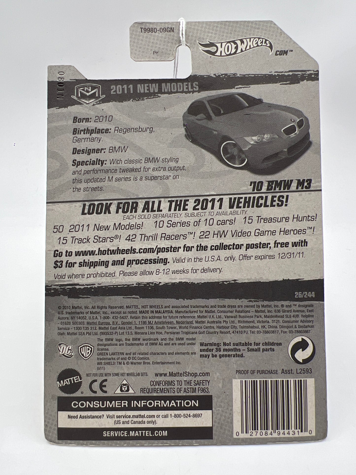 2011 Hot Wheels New Models #26 10 BMW M3 Red Green Lantern Card SR