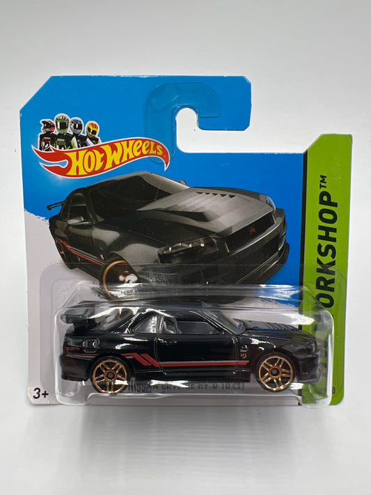 2014 Hot Wheels Short Card Workshop #230 Nissan Skyline GT-R R34 Black W/Protector