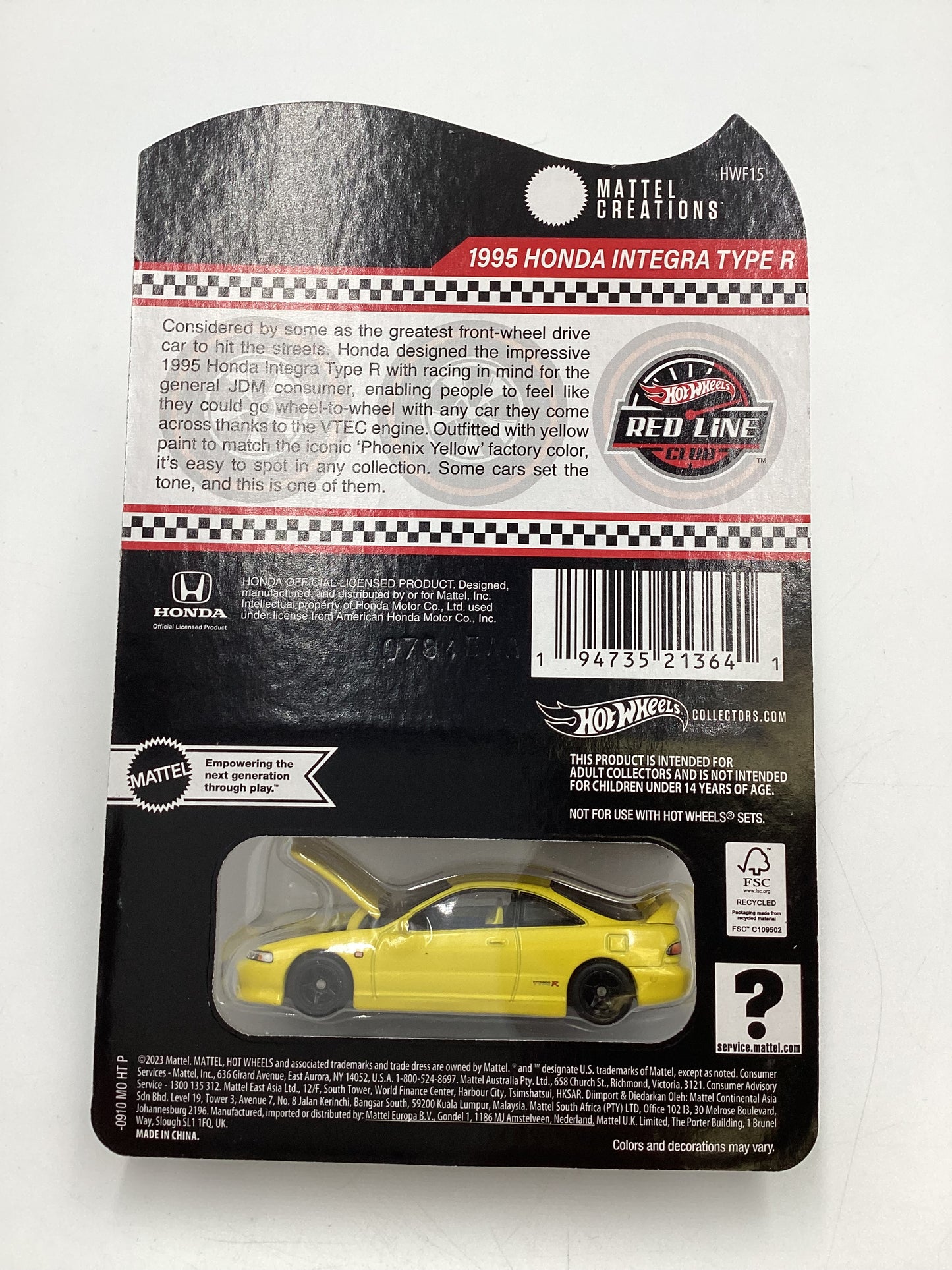 2024 Hot Wheels RLC 1995 Honda Integra Type R Yellow W/ protector