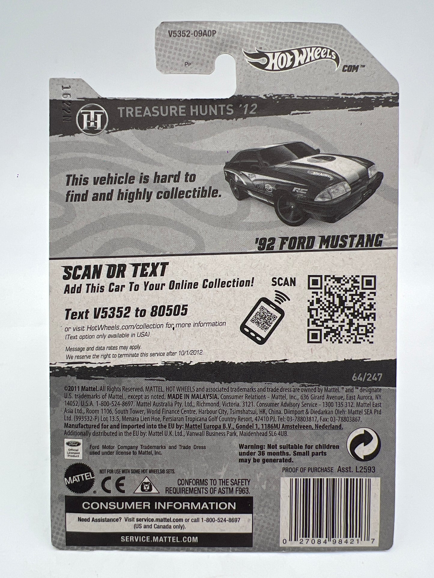 2012 Hot Wheels Treasure Hunts #64 92 Ford Mustang Teal W/Protector