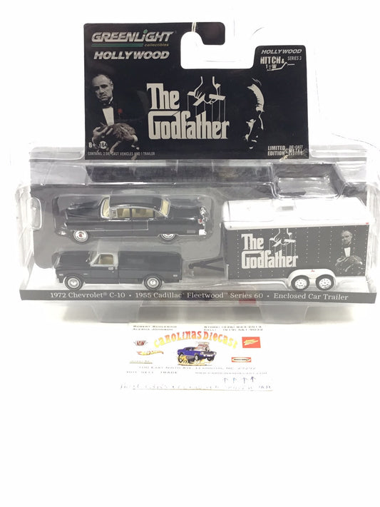 Greenlight Hollywood series Hitch and Tow The Godfather 1972 Chevrolet C10 + 1953 Cadillac Fleetwood Series 60 + Enclosed Trailer