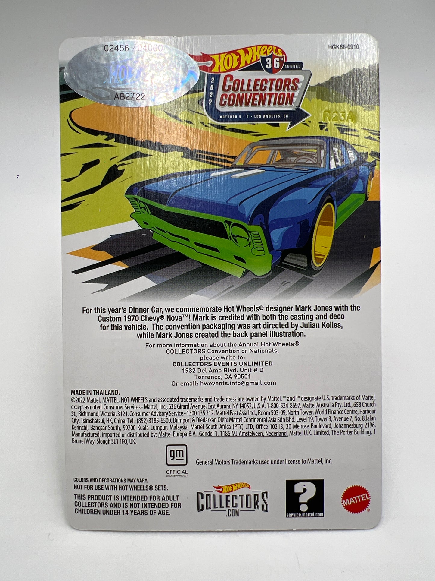 2022 Hot Wheels 36th Annual Collectors Convention LA Dinner Car #2456/4000 Custom 1970 Chevy Nova W/Protector