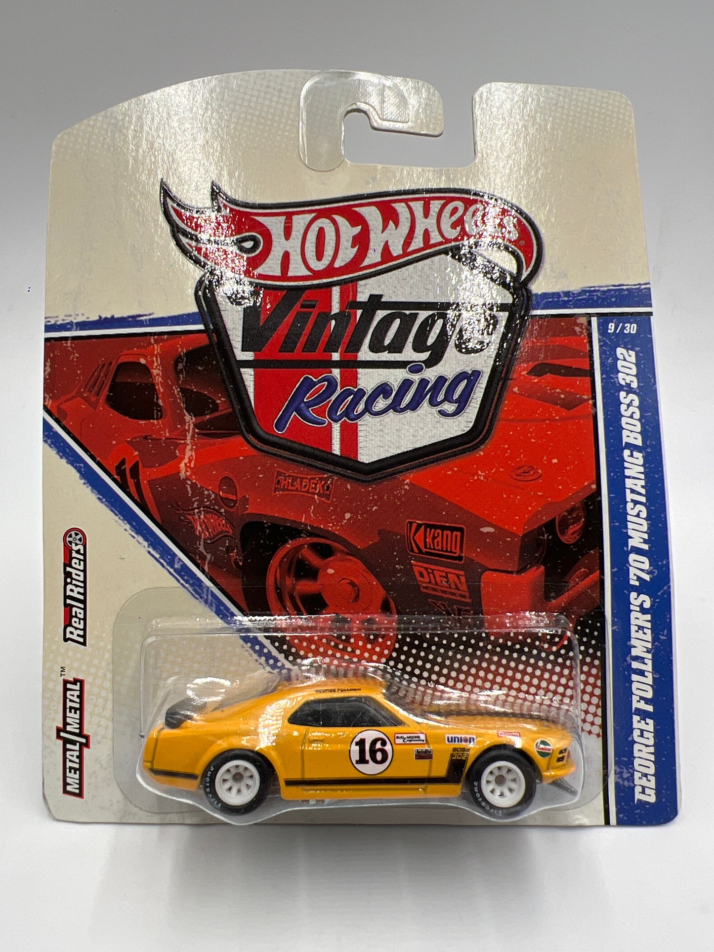Hot Wheels Premium Vintage Racing #9 George Follmers 70 Mustang Boss 302 Yellow W/Protector