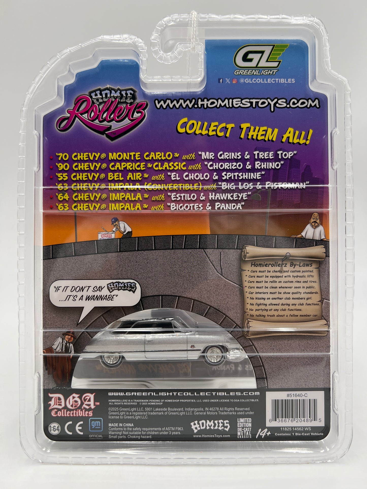 Greenlight x DGA Homie Rollerz 63 Chevy Impala Silver & Bigotes/Panda 222D