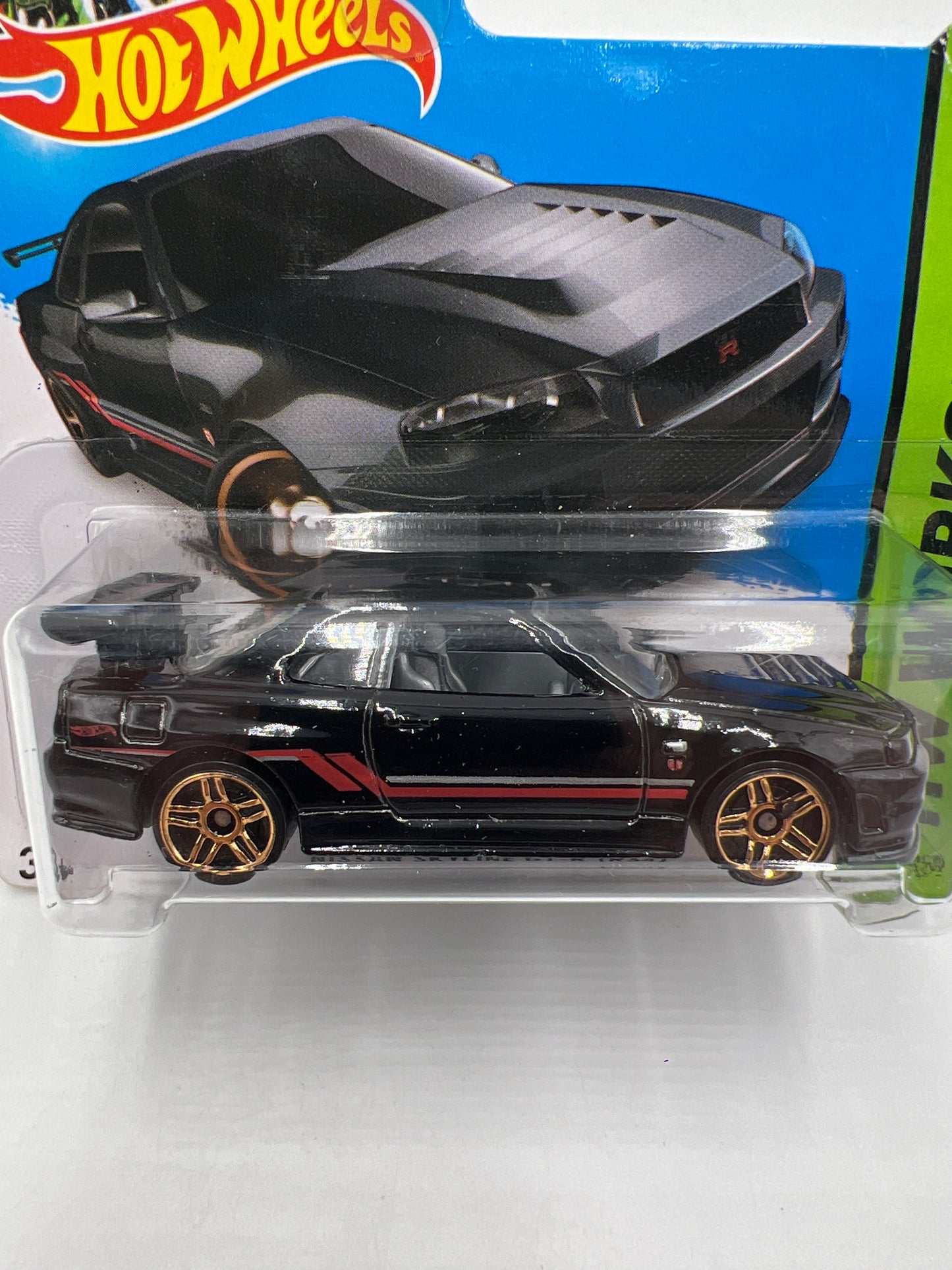2014 Hot Wheels Short Card Workshop #230 Nissan Skyline GT-R R34 Black W/Protector Card Not Perfect