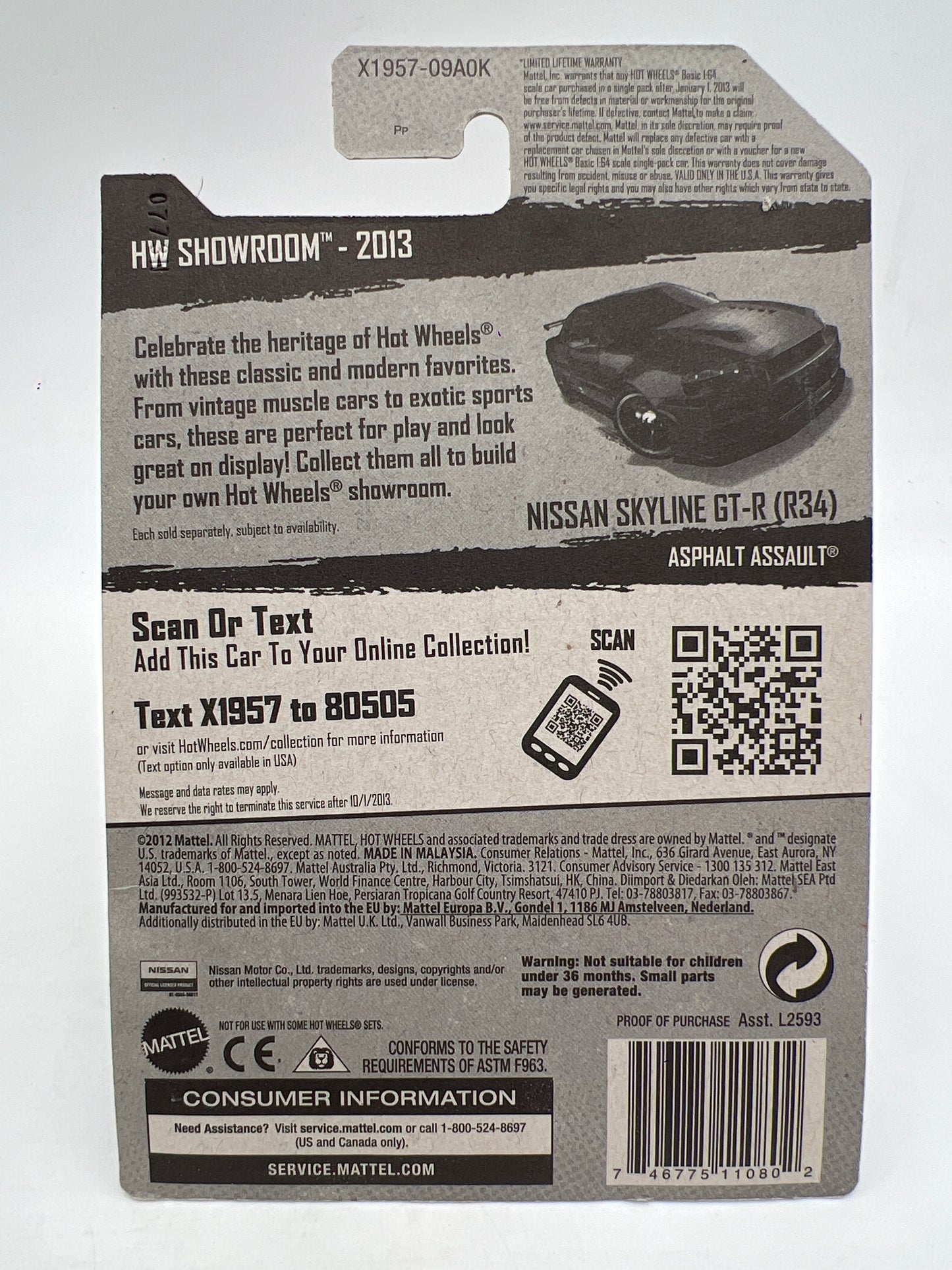2013 Hot Wheels Showroom #158 Nissan Skyline GT-R R34 Black W/Protector 1