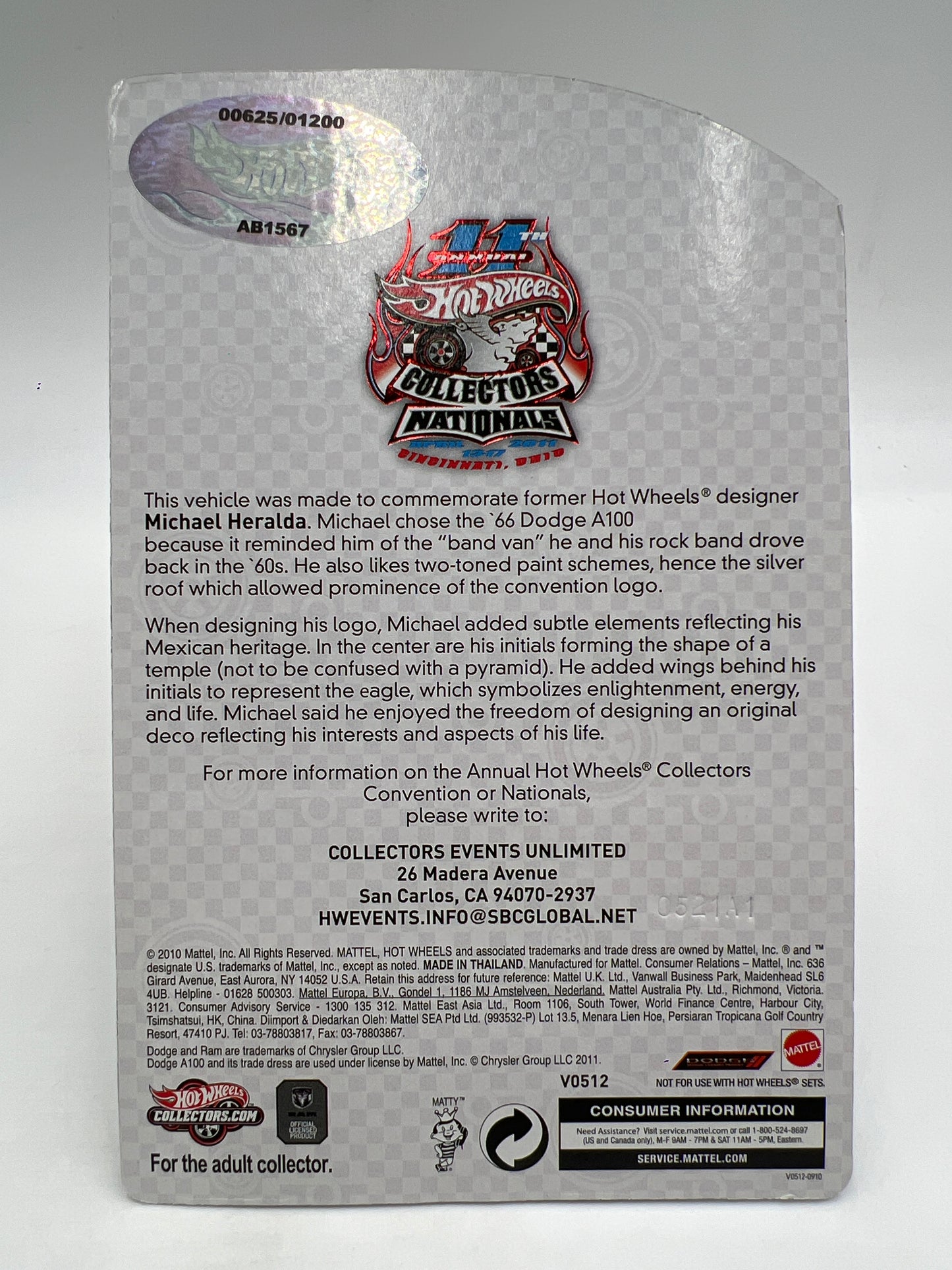 2011 Hot Wheels 11th Annual Collectors Nationals OH Dinner Car #625/1200 66 Dodge A100 W/Protector