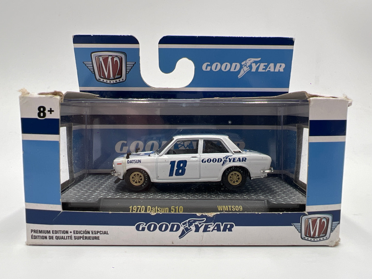 M2 Machines Walmart Exclusive Goodyear 1970 Datsun 510 White WMTS09 Bad Box