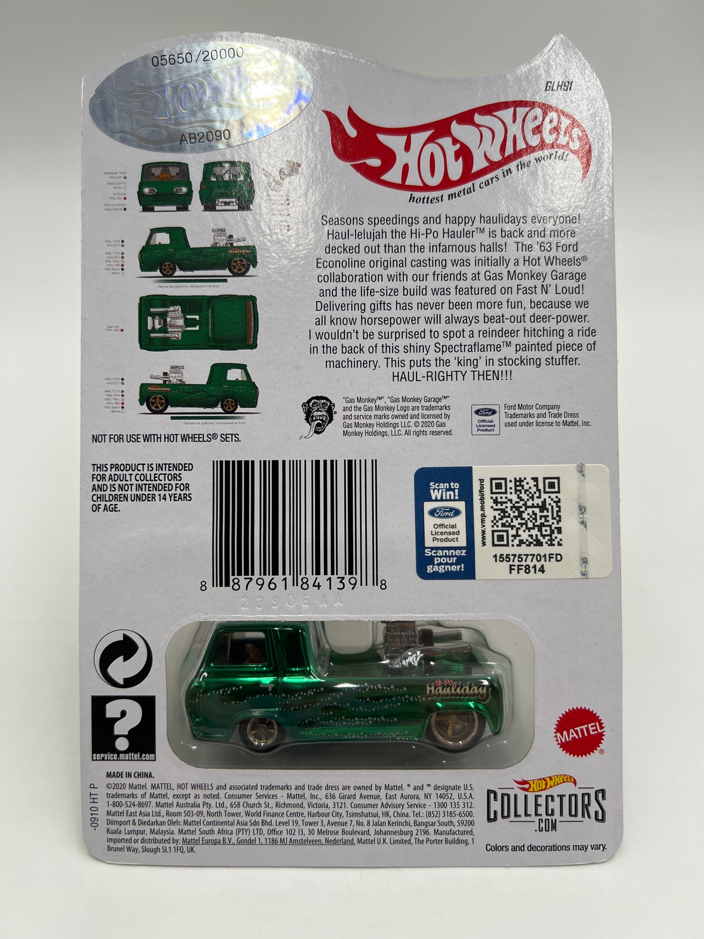 2020 Hot Wheels RLC Holiday Car #5650/20000 Hi-Po Hauler Green Gas Monkey W/Protector