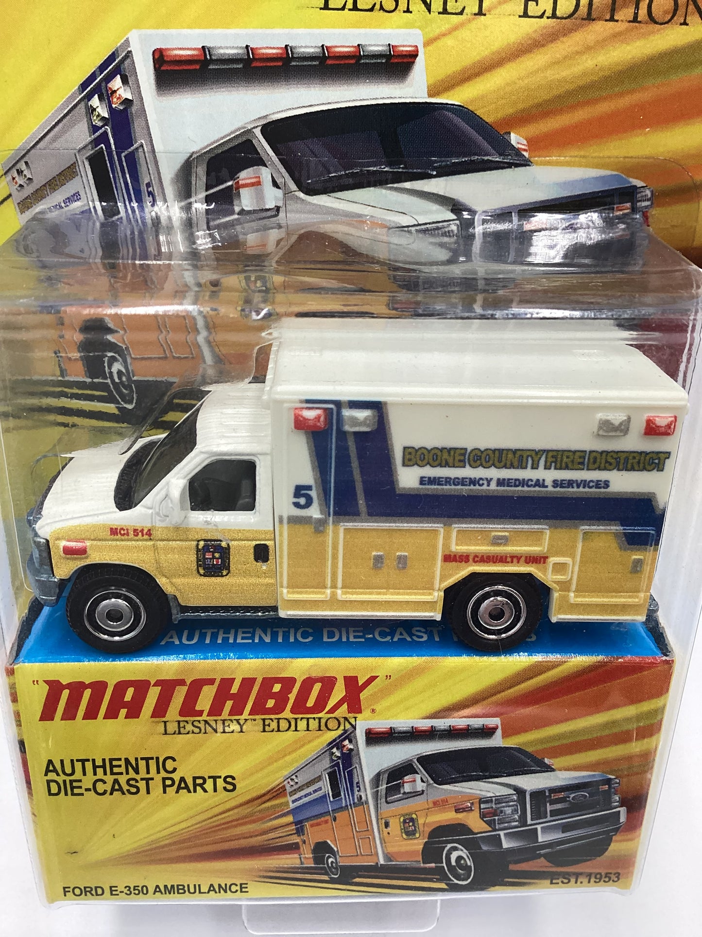 2011 Matchbox Lesley Edition Boone County Ford E-350 Ambulance Yellow