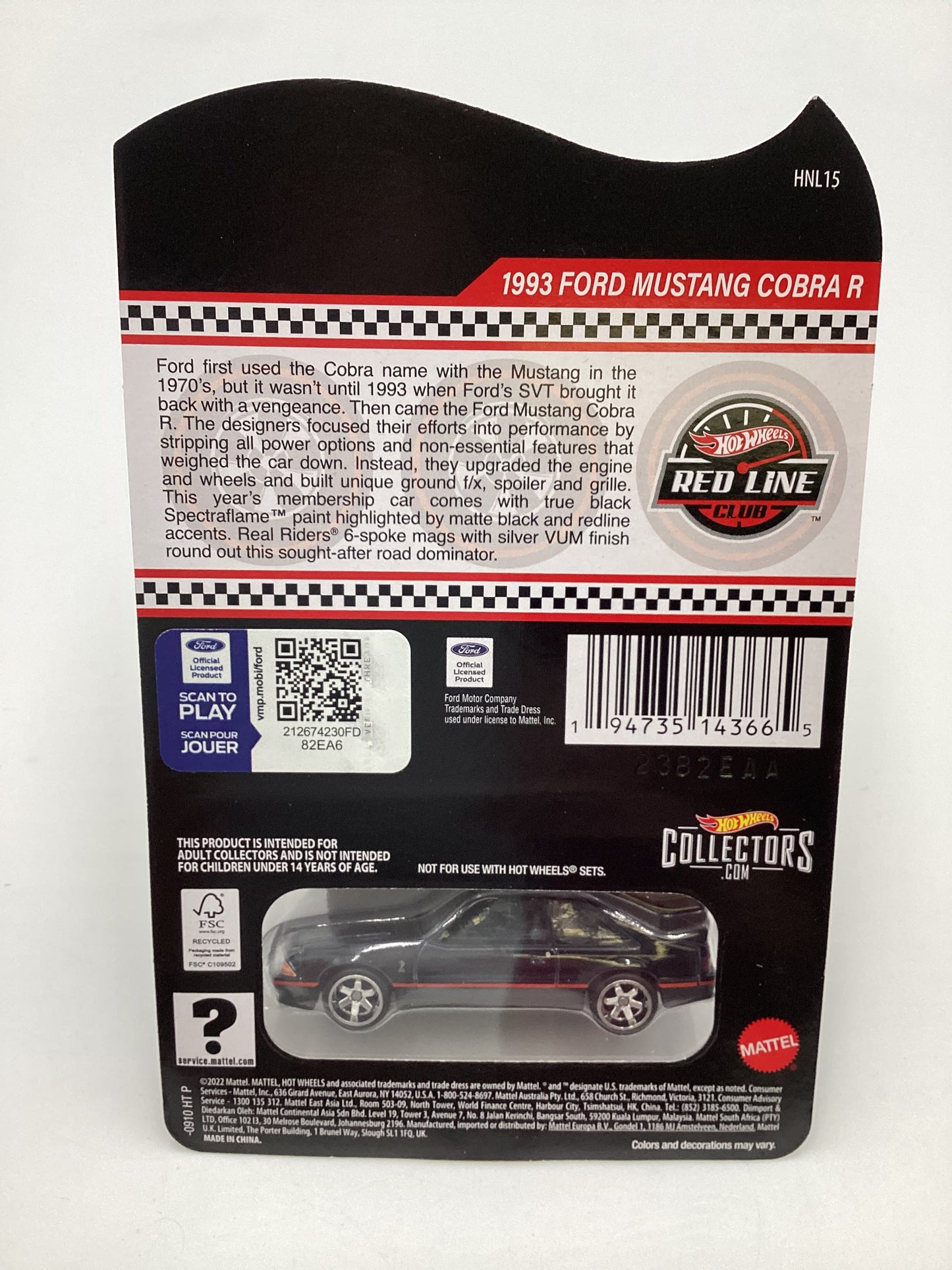 2023 Hot Wheels RLC Club Exclusive 1993 Ford Mustang Cobra R Black Exclusive W/Patch and Button