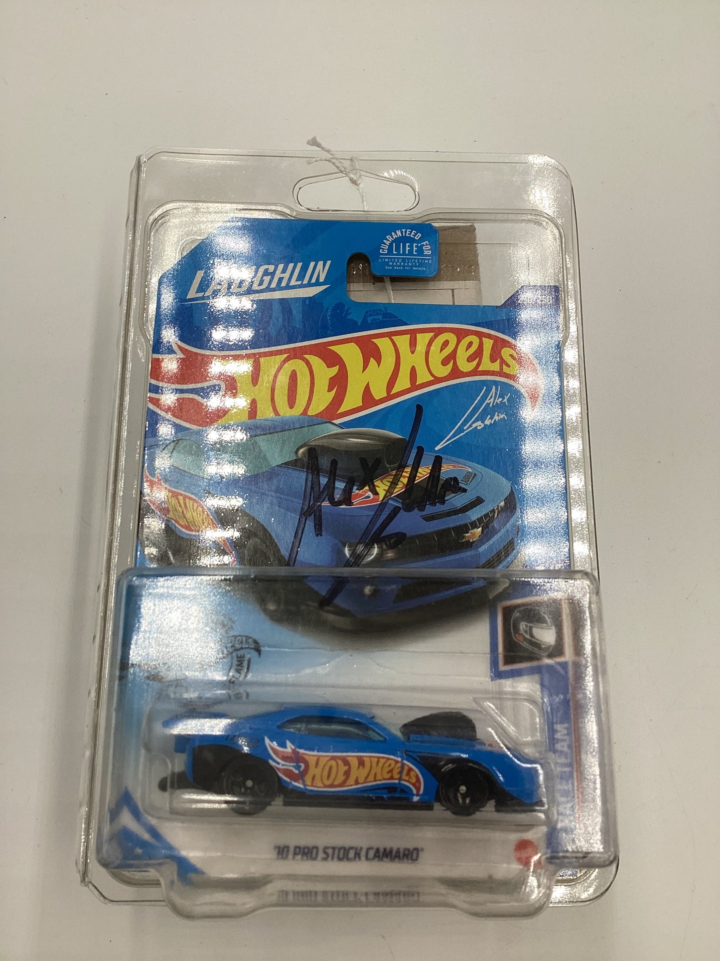 Hot Wheels 10 Pro Stock Camaro Blue #250 Autographed Alex Laughlin Cracked Blister Both Sides with protector
