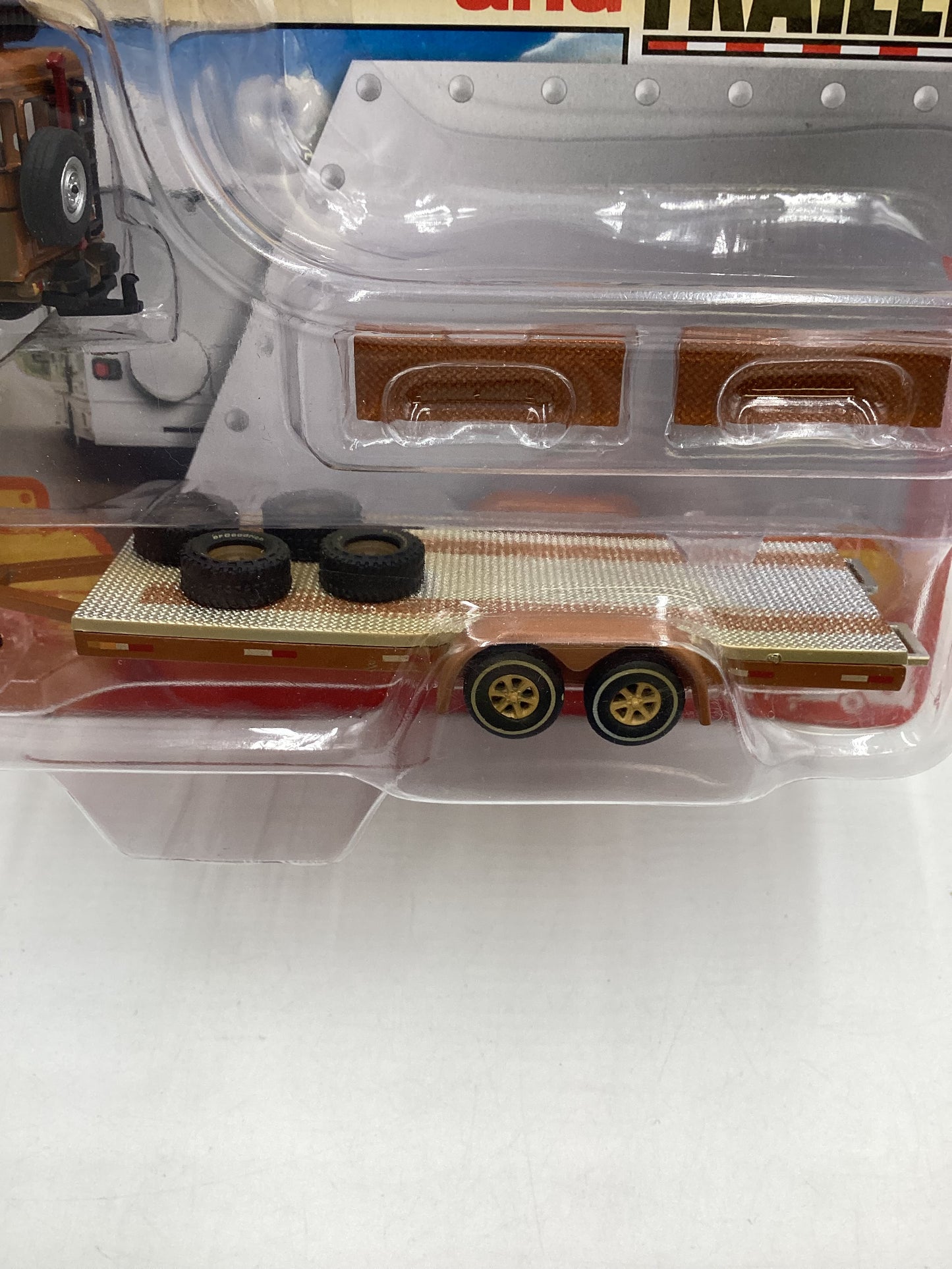 Johnny Lightning Truck And Trailer Release 1 1980 Toyota Land Cruiser with open car trailer
