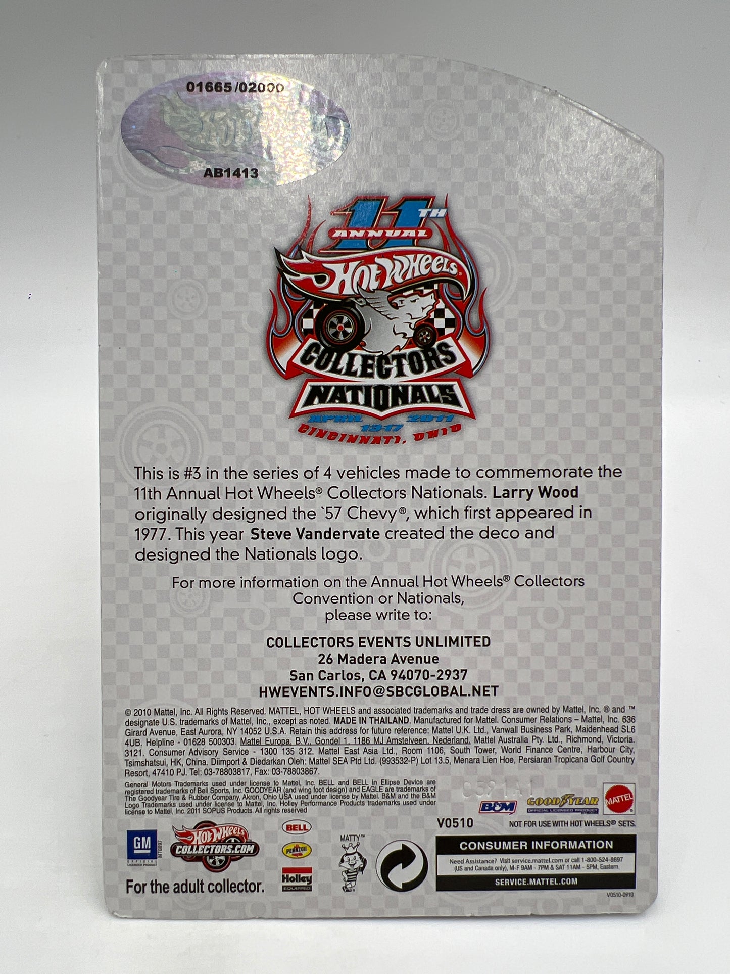 2011 Hot Wheels 11th Annual Collectors Nationals OH #1665/2000 57 Chevy W/Protector