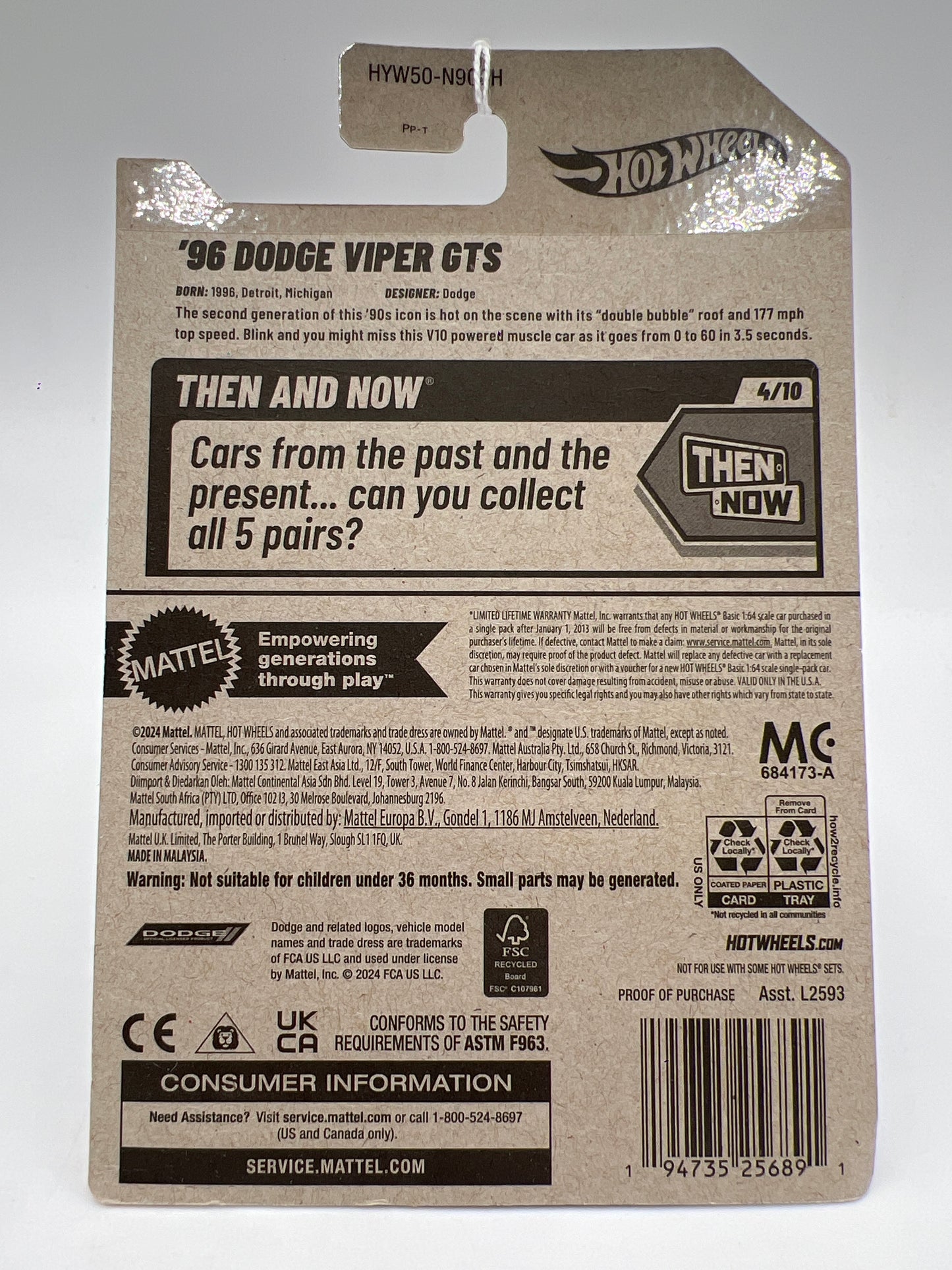 2025 Hot Wheels H Case Then And Now #176 96 Dodge Viper GTS Blue 39B