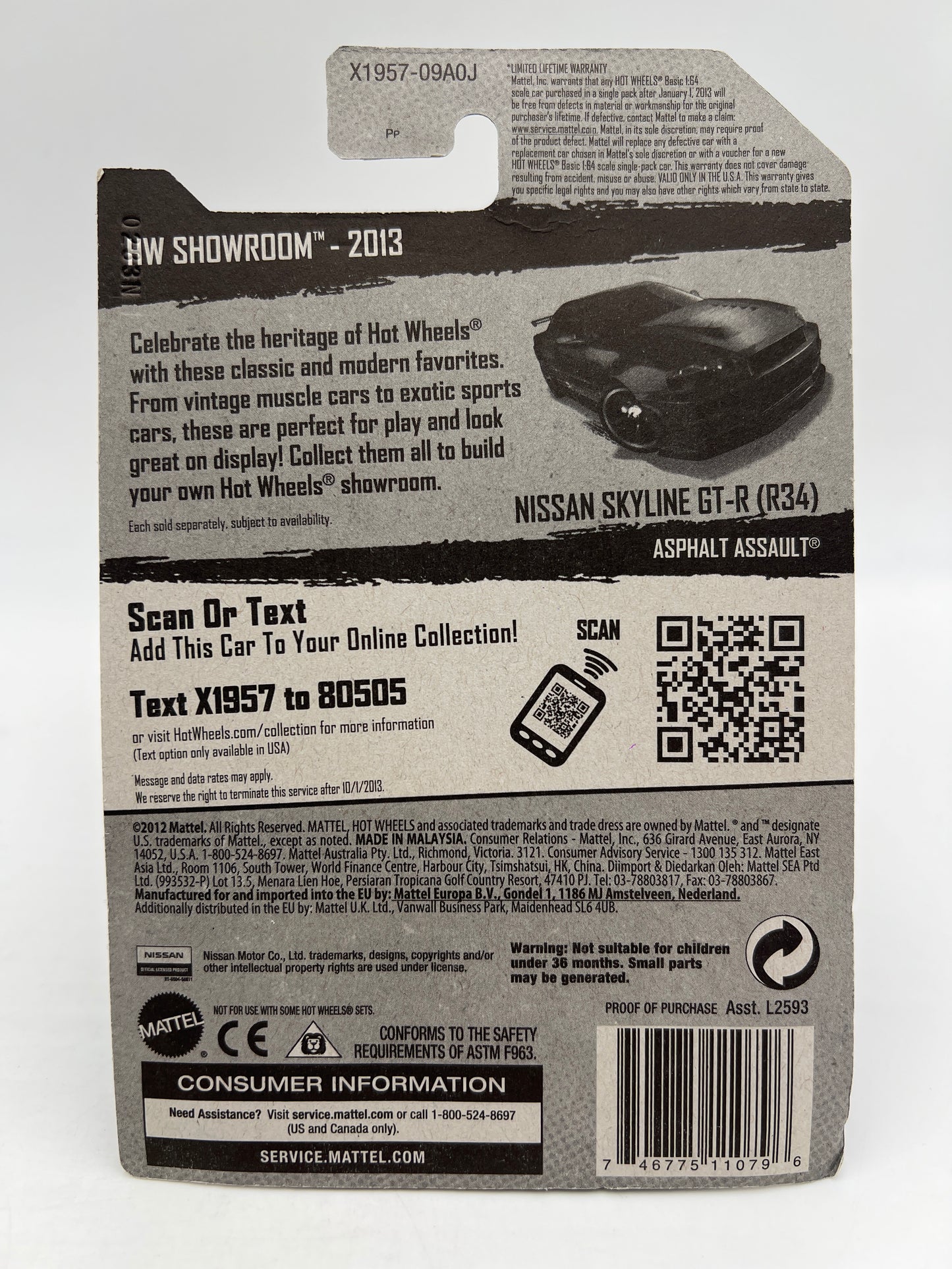 2013 Hot Wheels Showroom #158 Nissan Skyline GT-R R34 Black W/Protector