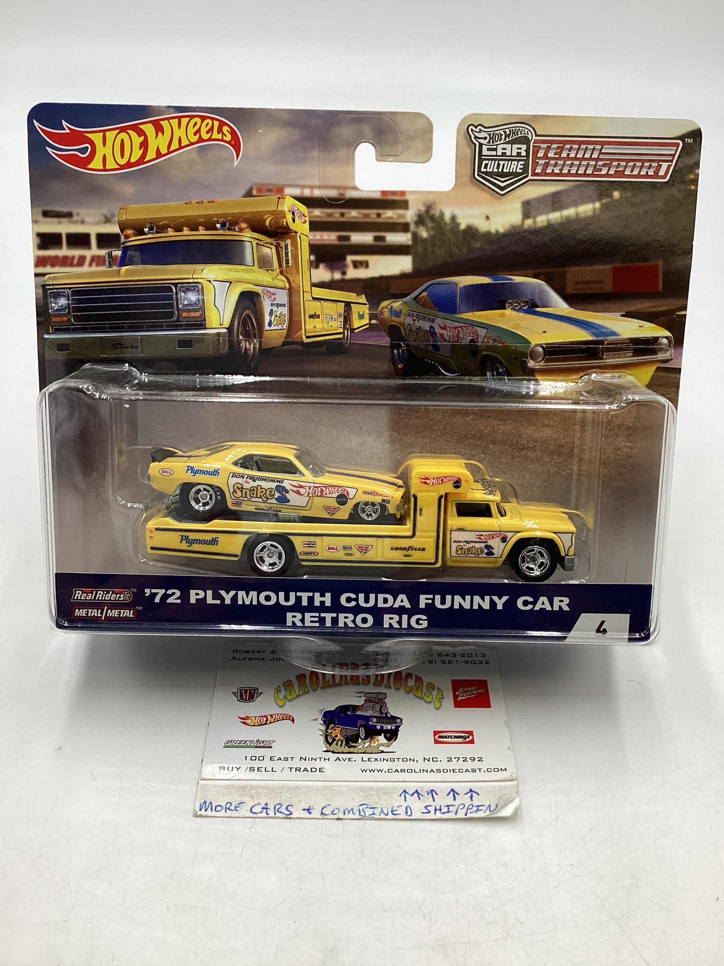 2018 HOT WHEELS Team Transport 72 Plymouth Cuda Snake Funny Car & Retro Rig #4 with protector