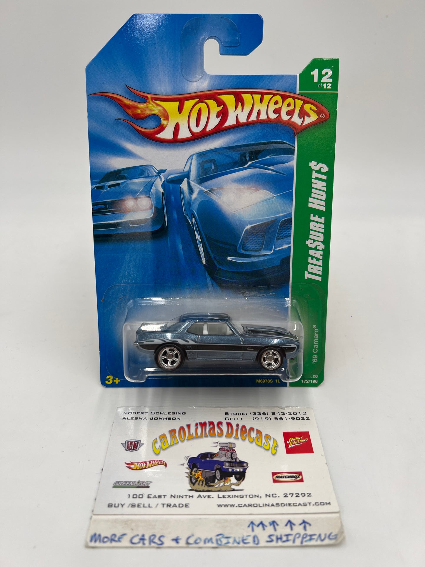 2008 Hot Wheels Super Treasure Hunt #172 69 Camaro Blue W/ Protector