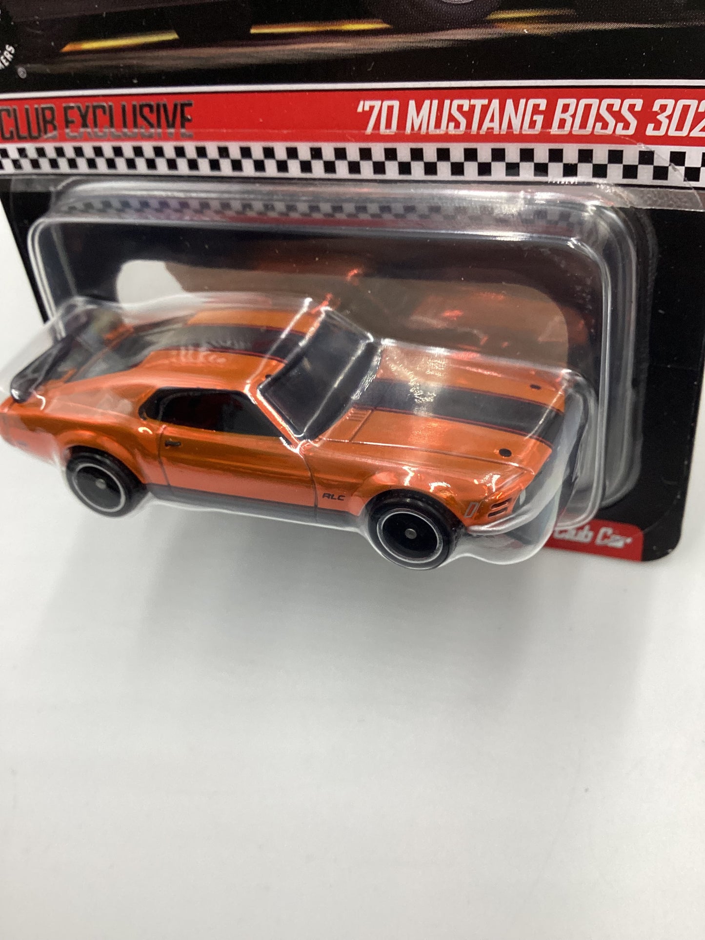 2021 Hot Wheels RLC 70 Mustang Boss 302 Boss Orange Club car with patch and button with protector