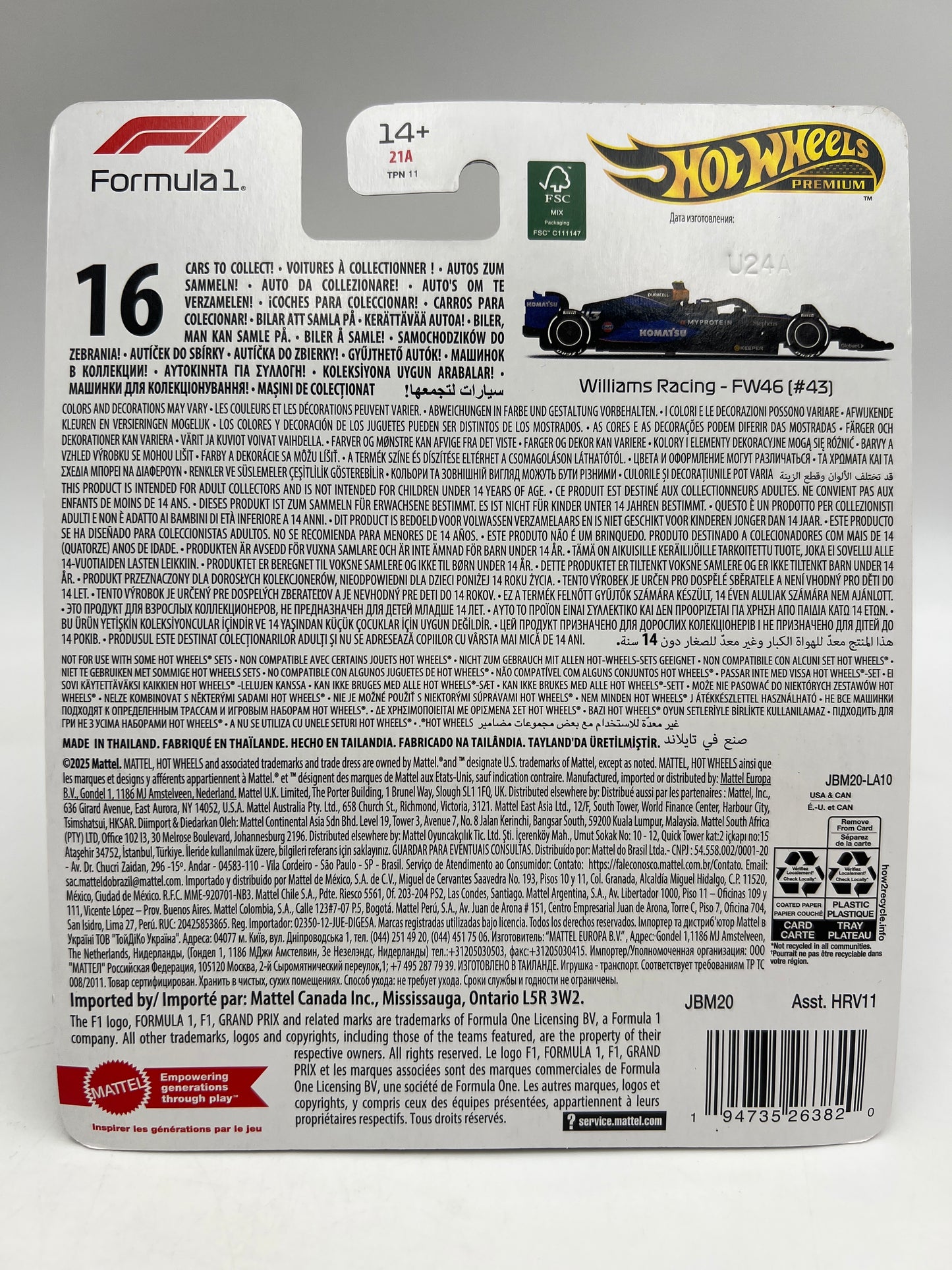 Hot Wheels Premium Formula 1 2024 Williams Racing FW46 #43 241C