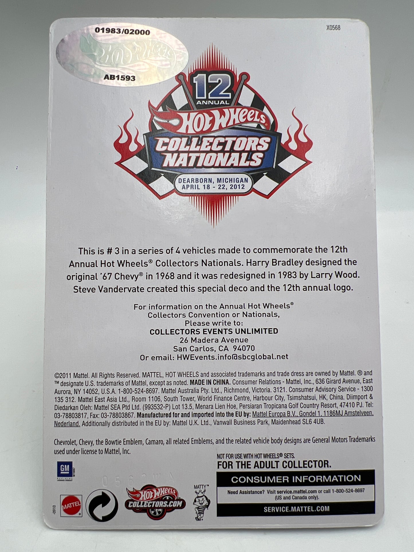2012 Hot Wheels 12th Annual Collectors Nationals #1983/2000 67 Camaro Orange W/Protector