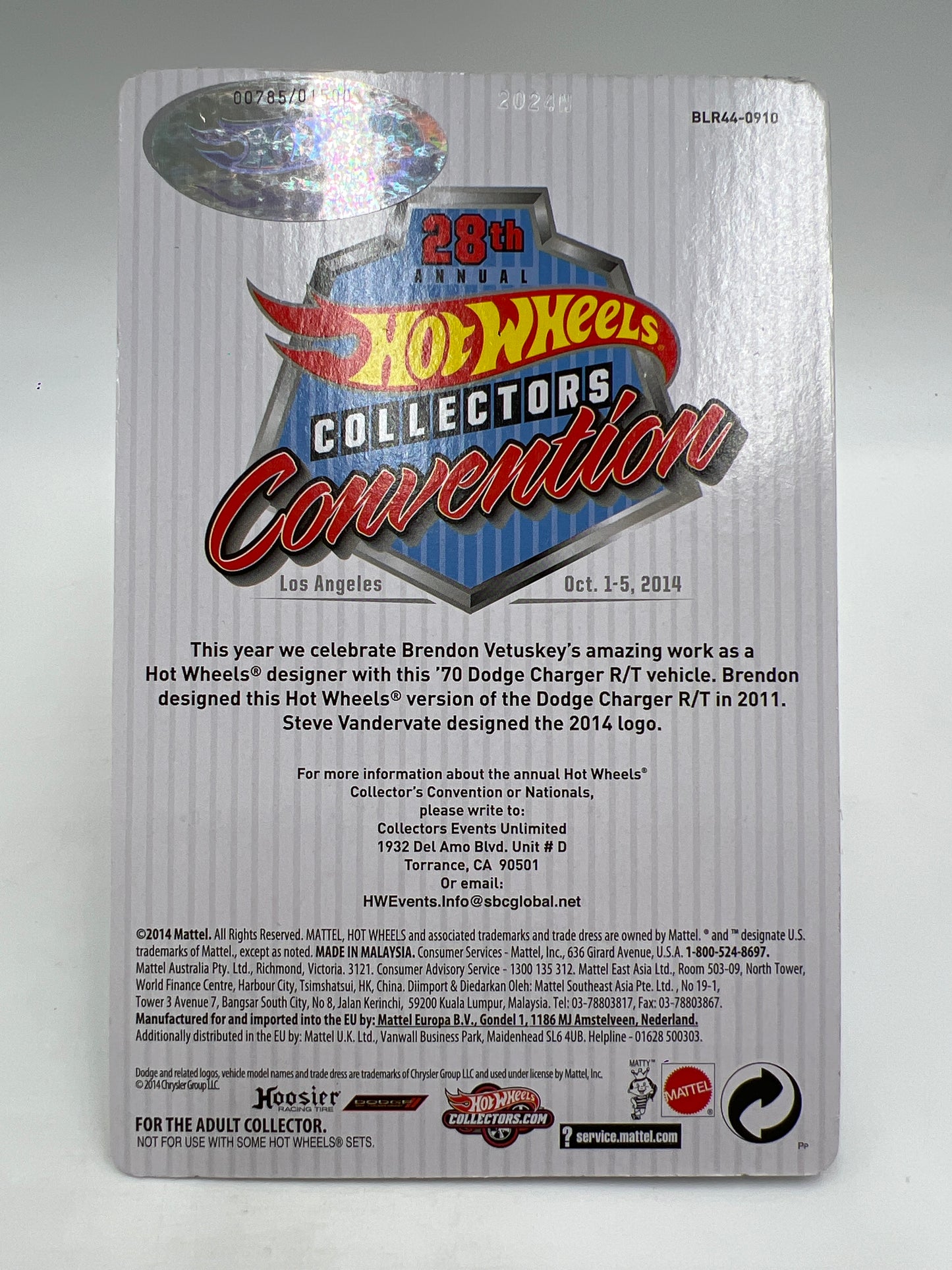2014 Hot Wheels 28th Annual Collectors Convention LA Dinner Car #785/1500 70 Dodge Charger R/T W/Protector