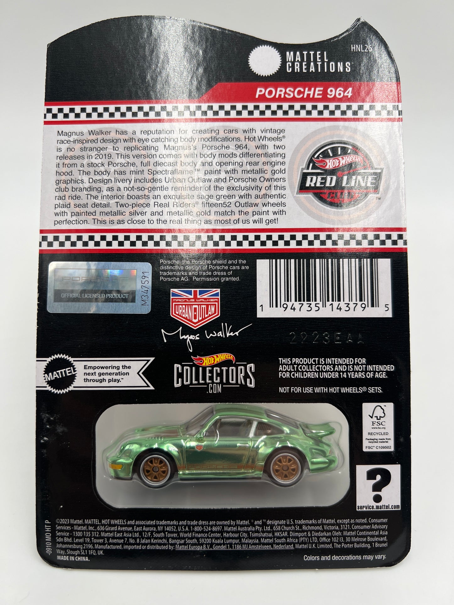 Hot Wheels RLC Magnus Walker Porsche 964 Green W/Protector