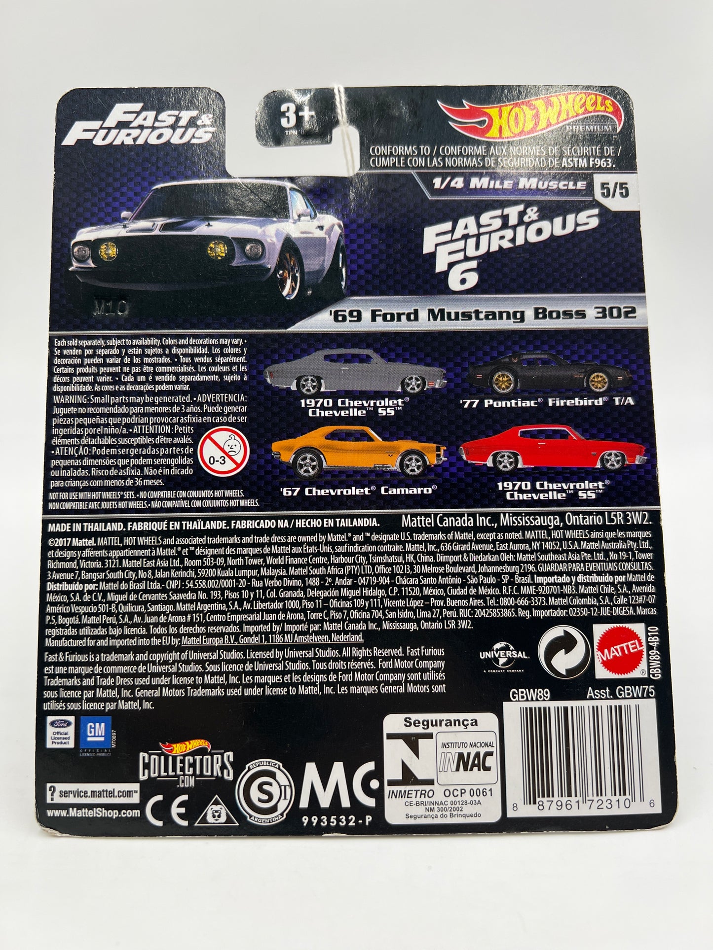 Hot Wheels Premium Fast & Furious 1/4 Mile Muscle #5 69 Ford Mustang Boss 302 White 247A