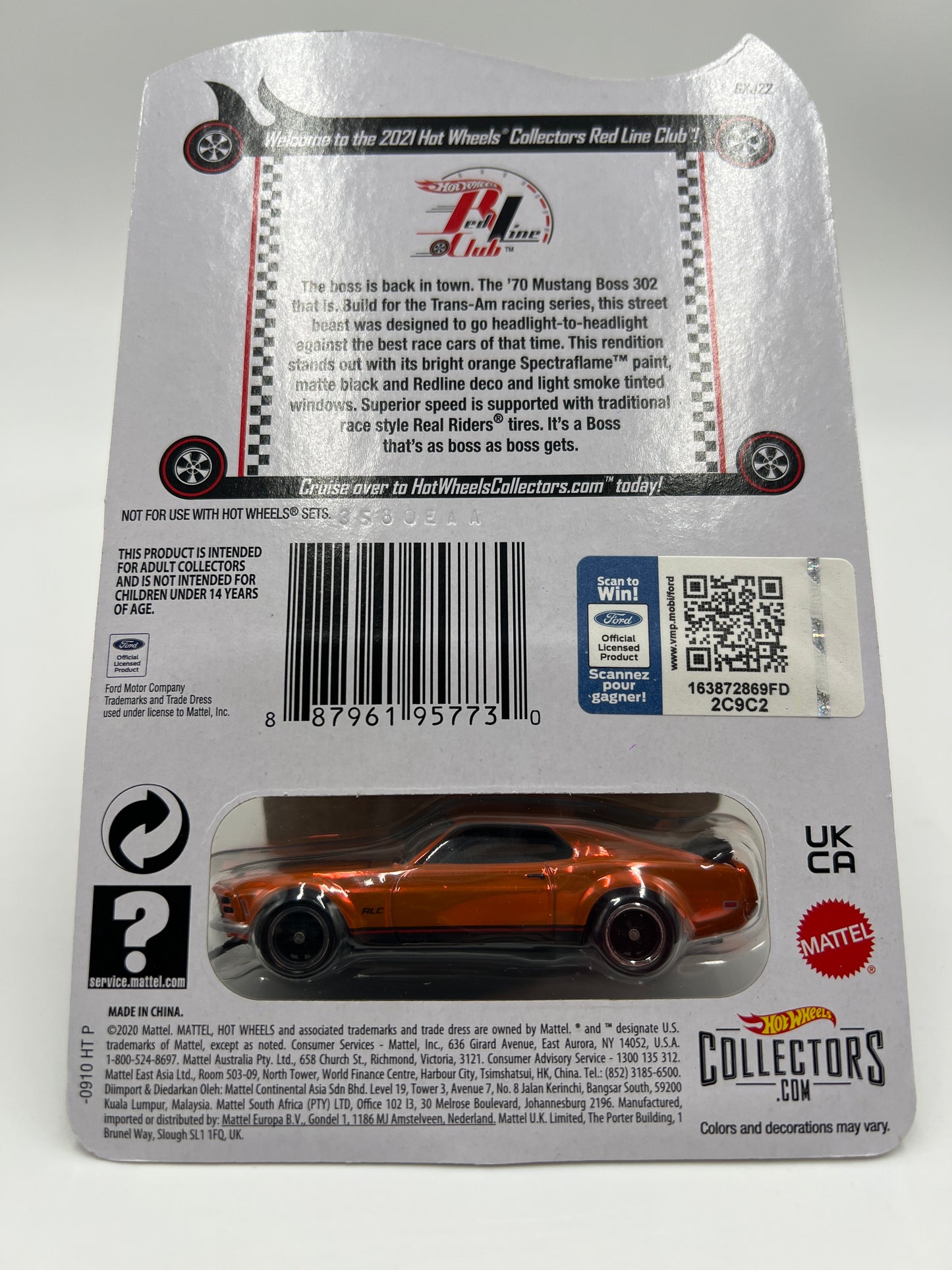 2021 Hot Wheels RLC Club Car 70 Mustang Boss 302 Orange Club In Protector W/Patch & Button