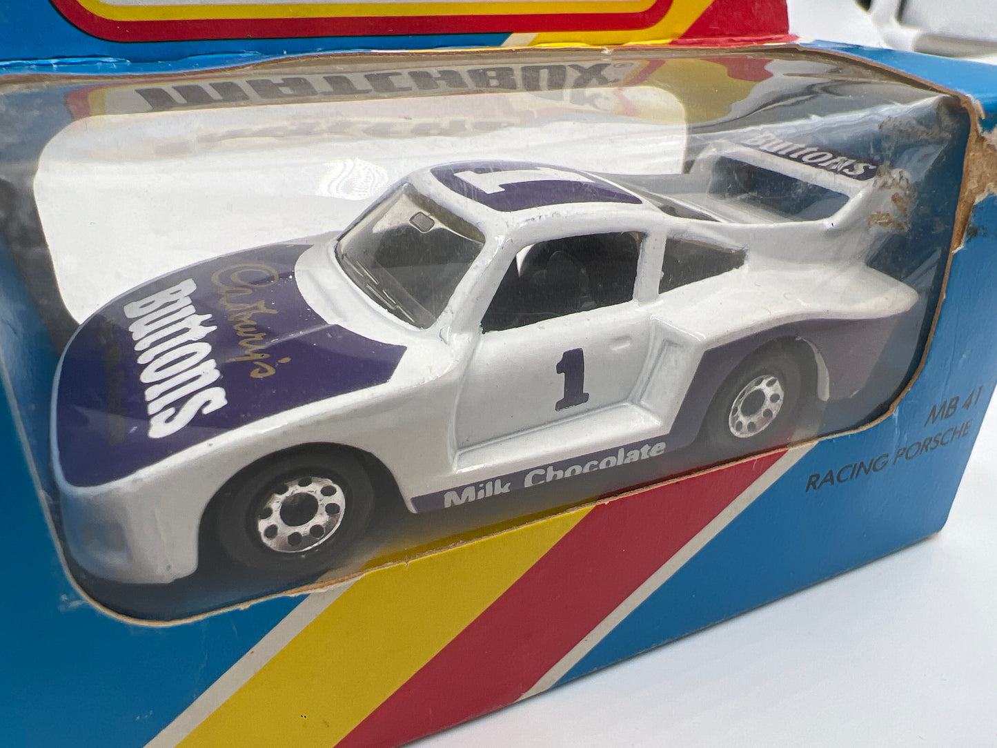 Matchbox Unpunched #41 Cadburys Buttons Racing Porsche 935 #1 White (Box Opened)