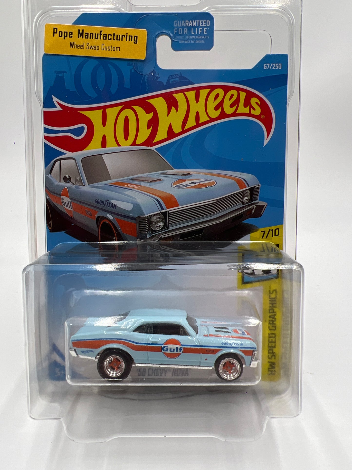 Hot Wheels 68 Chevy Nova Blue Gulf Wheel Swap Custom On Card W/Protector