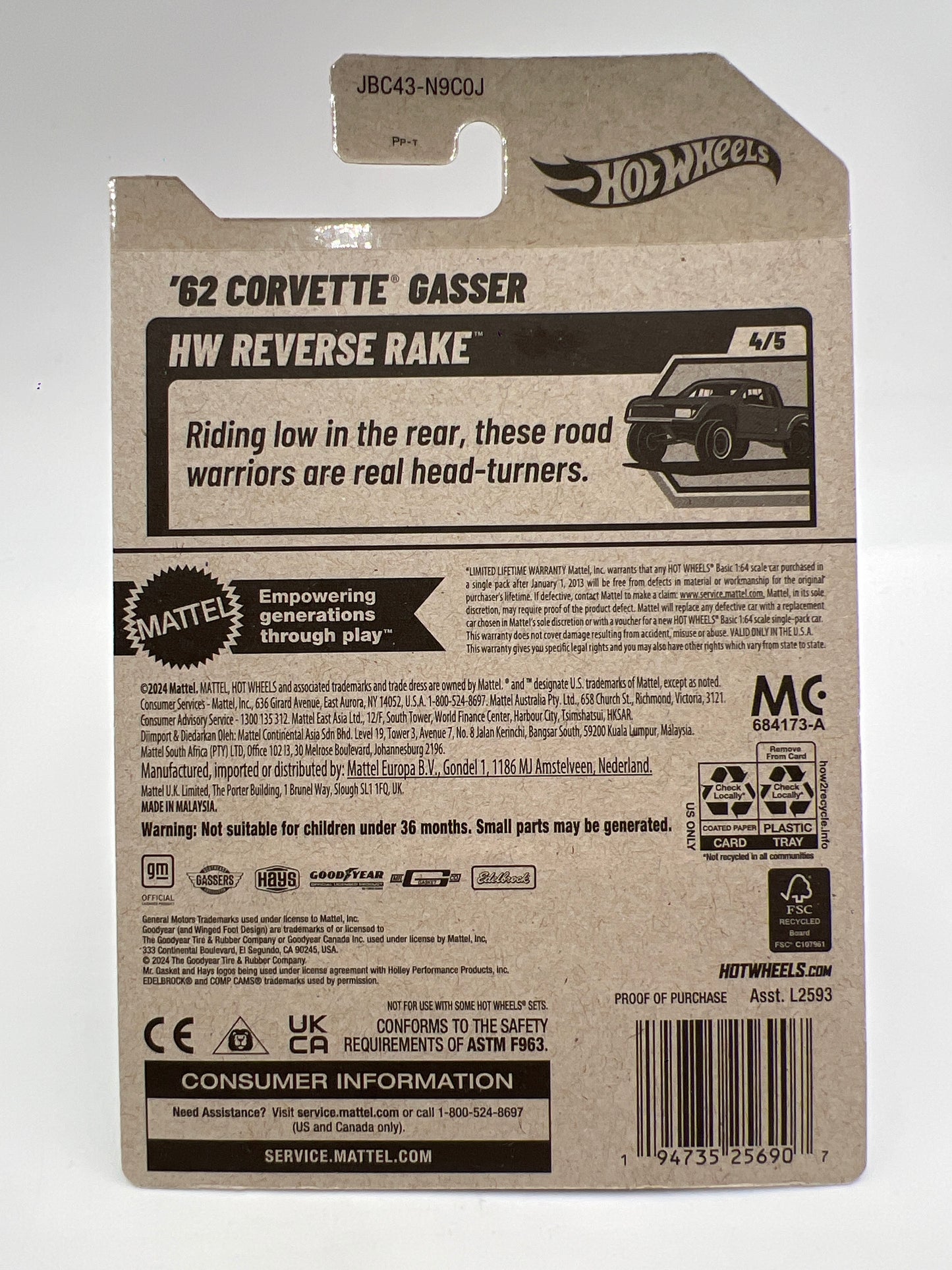 2025 Hot Wheels J Case Super Treasure Hunt #182 62 Corvette Gasser W/Protector