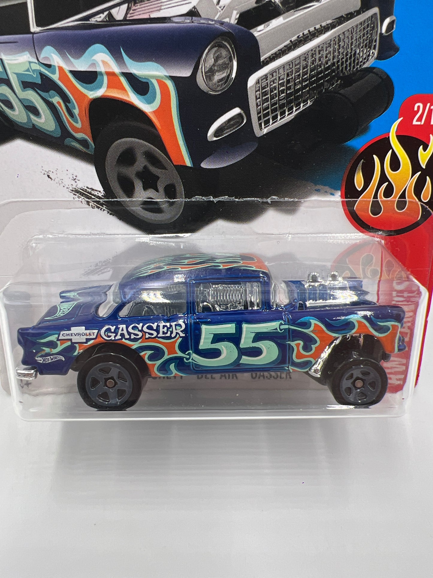 2017 Hot Wheels Flames #109 1955 Chevy Bel Air Gasser Blue 9D