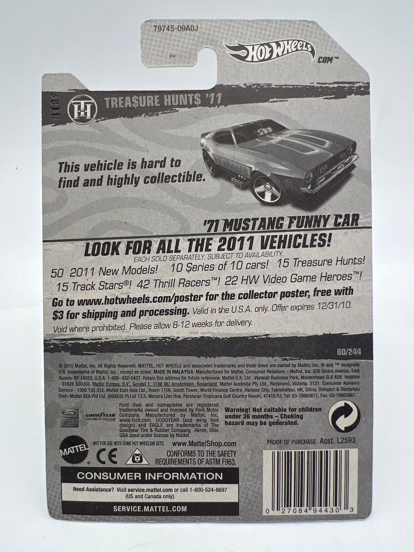 2011 Hot Wheels Super Treasure Hunt #60 71 Mustang Funny Car Green W/Protector