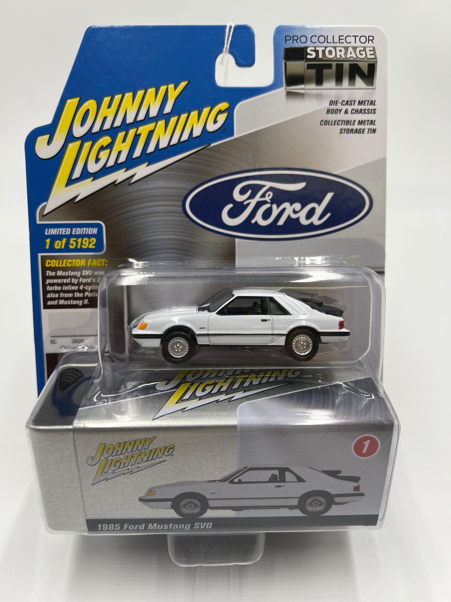 Johnny Lightning Storage Tin Release 2 Version B 1985 Ford Mustang SVO White 229C