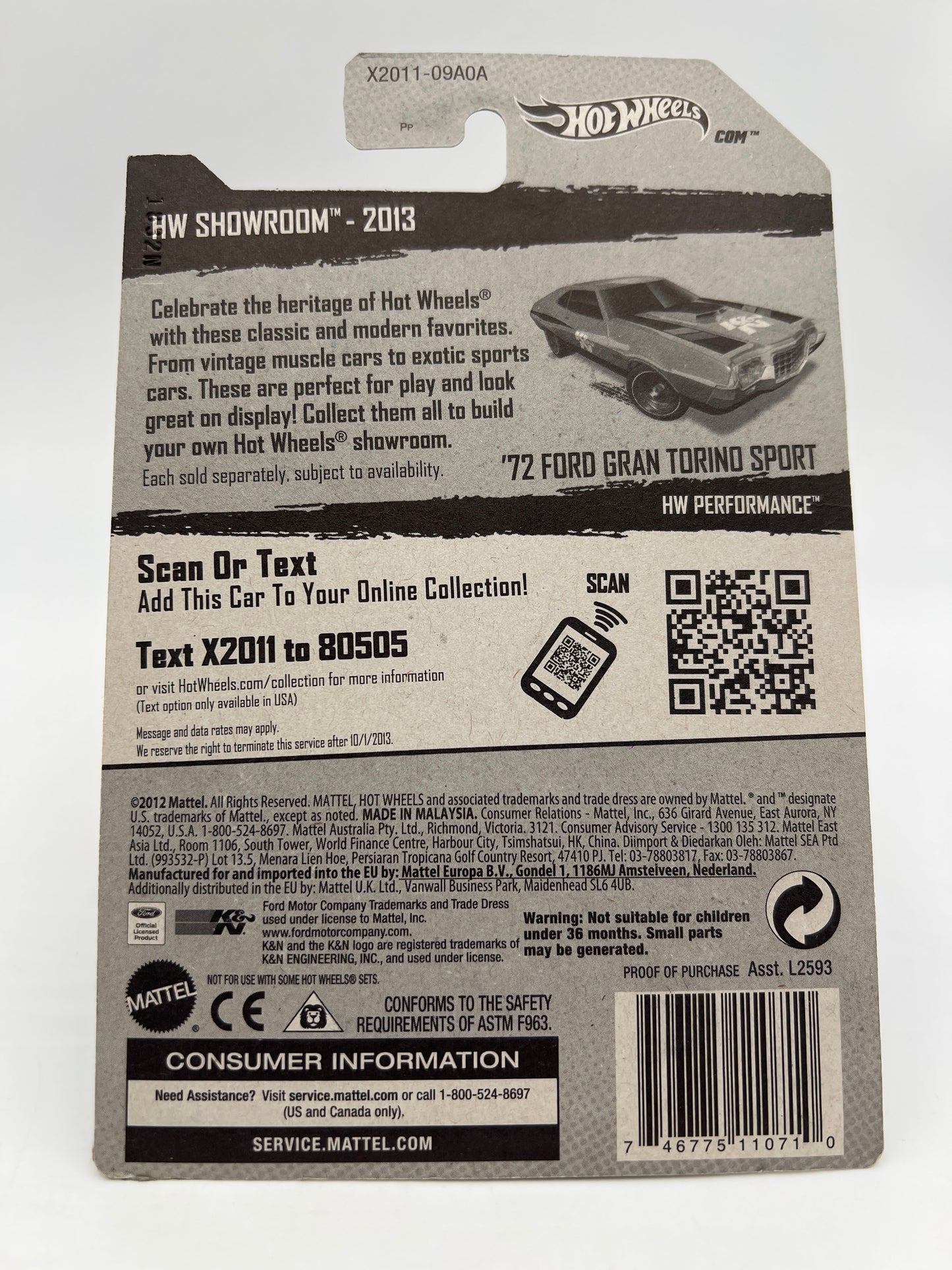 2013 Hot Wheels Super Treasure Hunt #242 72 Ford Gran Torino Sport Blue K&N W/Protector Crushed Blister