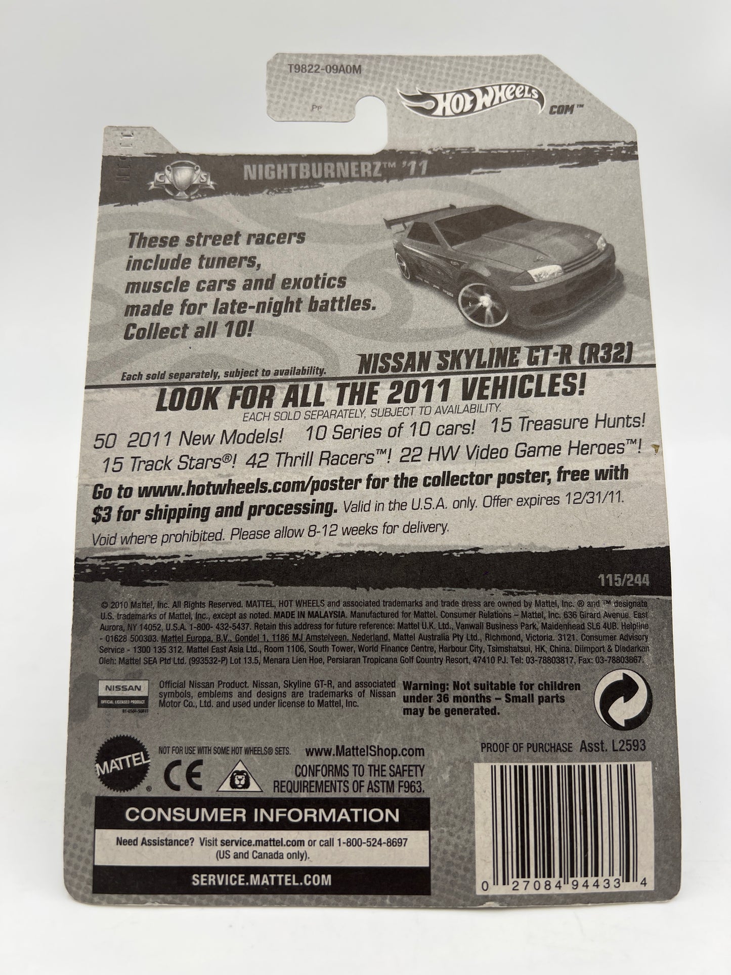 2011 Hot Wheels Nightburnerz #115 Nissan Skyline GT-R R32 Red W/Protector