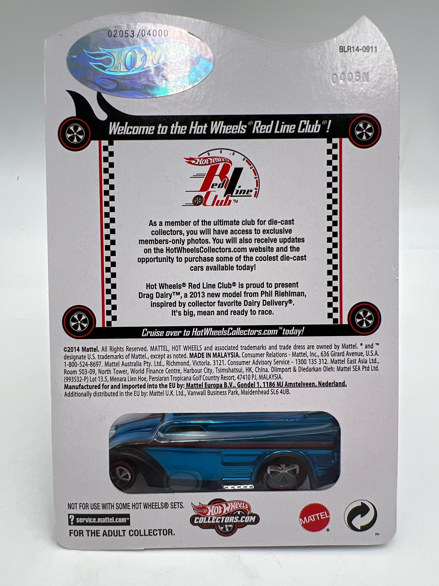 2014 Hot Wheels RLC Club Exclusive 2053/4000 Drag Dairy Blue W/Button & Protector
