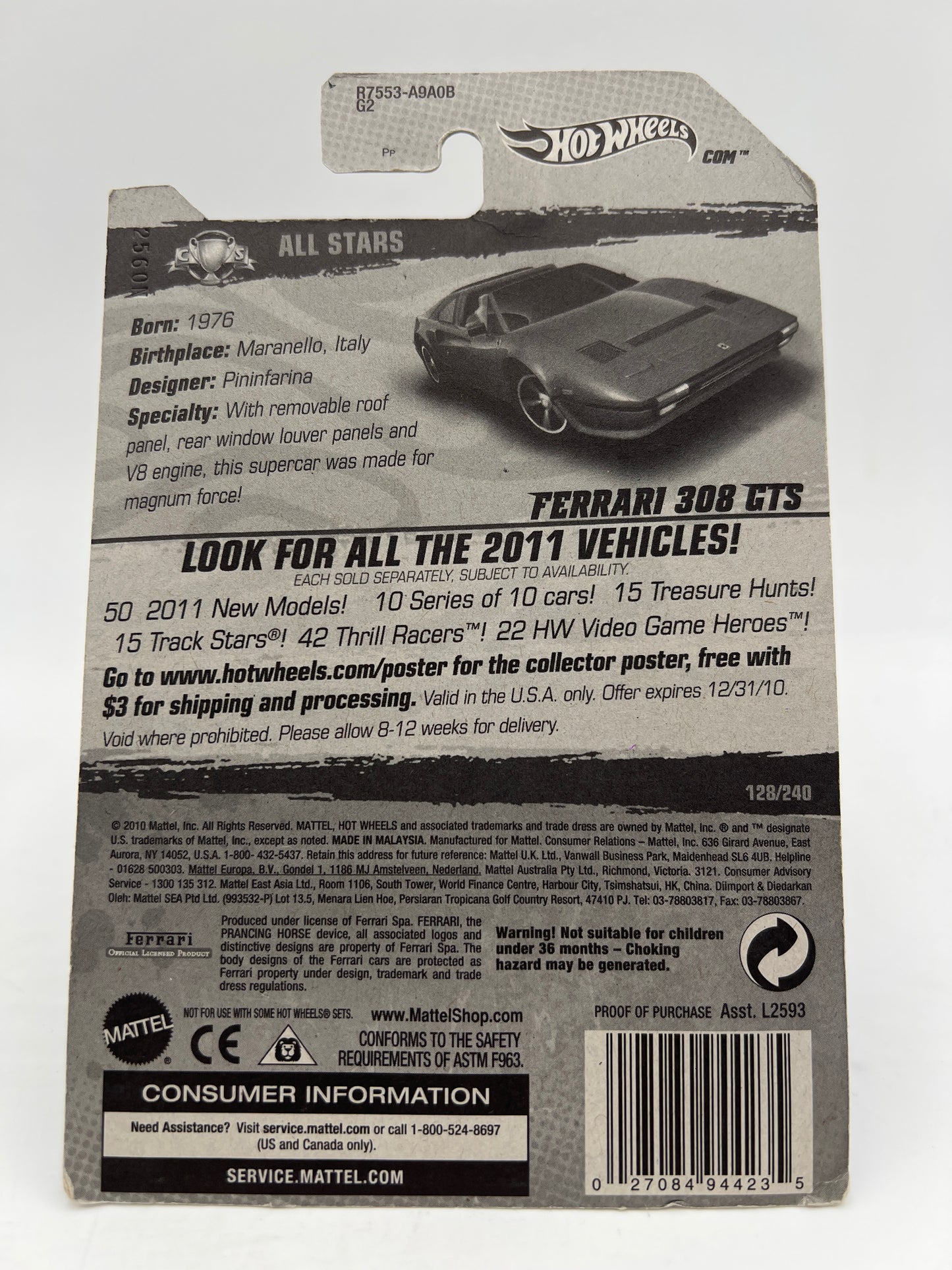 2011 Hot Wheels All Stars #128 Ferrari 308 GTS Red W/Protector