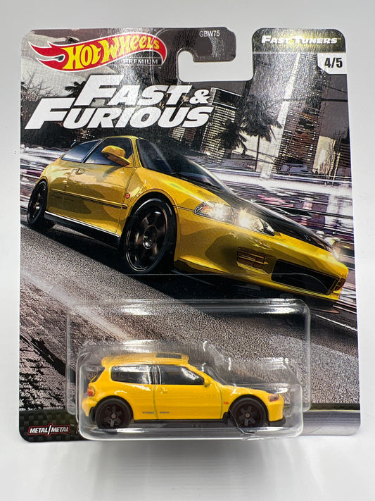 Hot Wheels Premium Fast & Furious Fast Tuners #4 Honda Civic EG Yellow W/Protector Cracked Blister