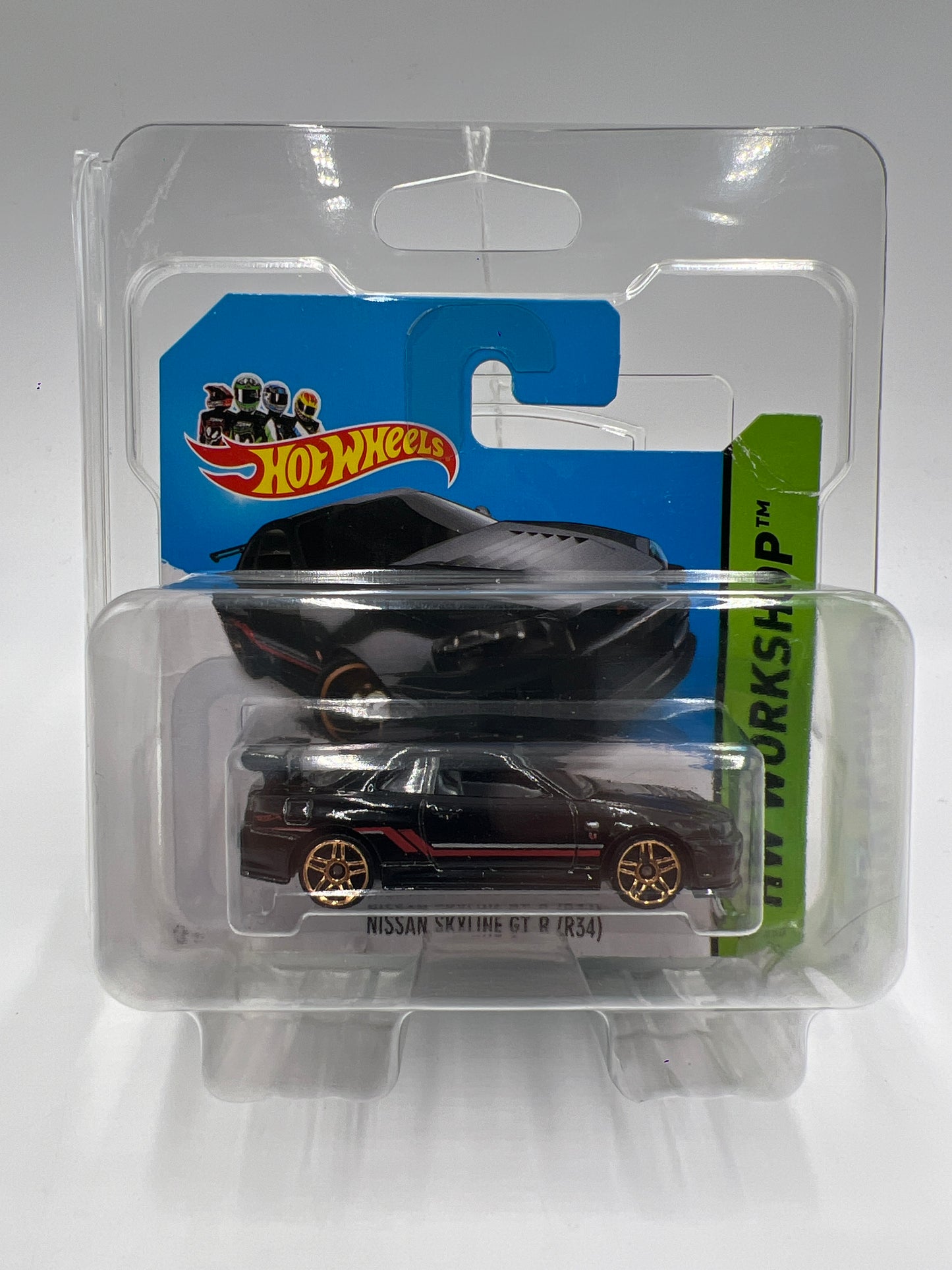 2014 Hot Wheels Short Card Workshop #230 Nissan Skyline GT-R R34 Black W/Protector Card Not Perfect