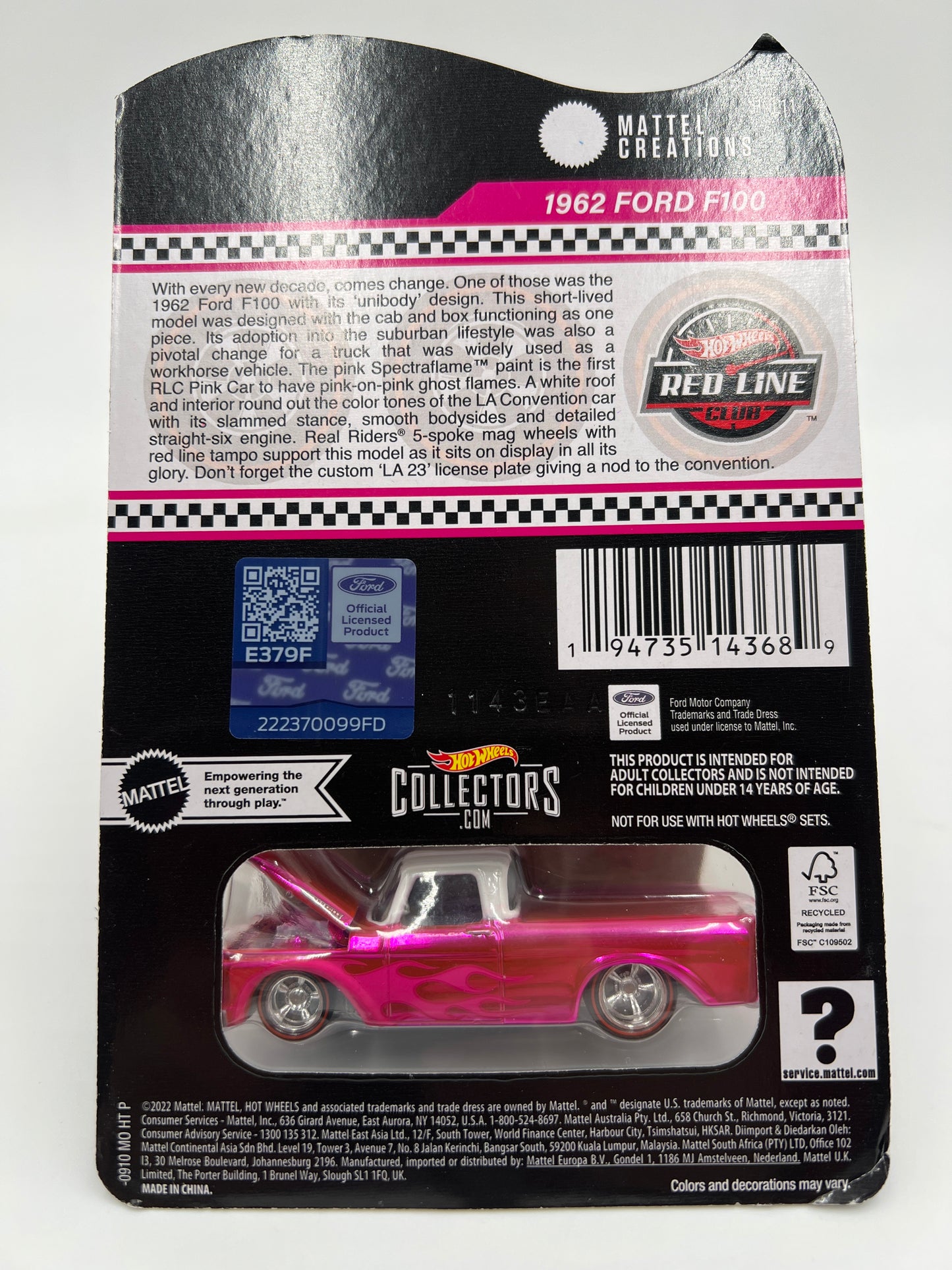 Hot Wheels RLC Club Exclusive 1962 Ford F-100 Pink W/Protector