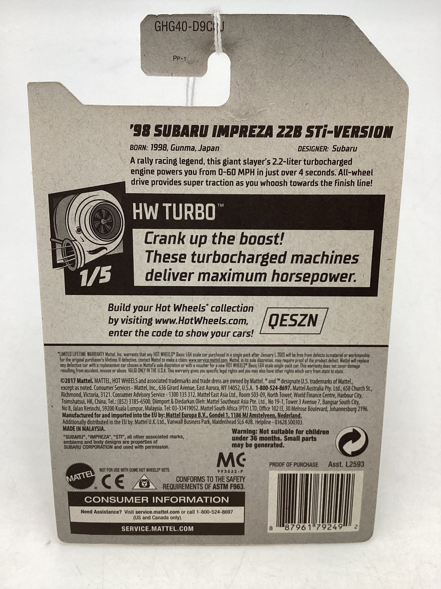 2020 Hot wheels Zamac 007 #23 98 Subaru Impreza 22B STI-version 148A