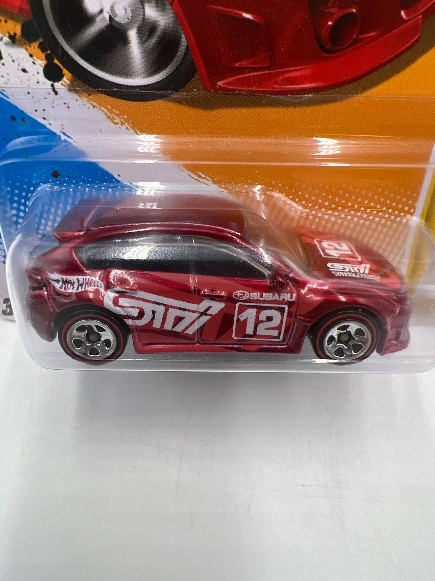 2012 Hot Wheels New Models #33 Walmart Exclusive Redline Wheels Subaru WRX STi Red *Bad Card* 237F