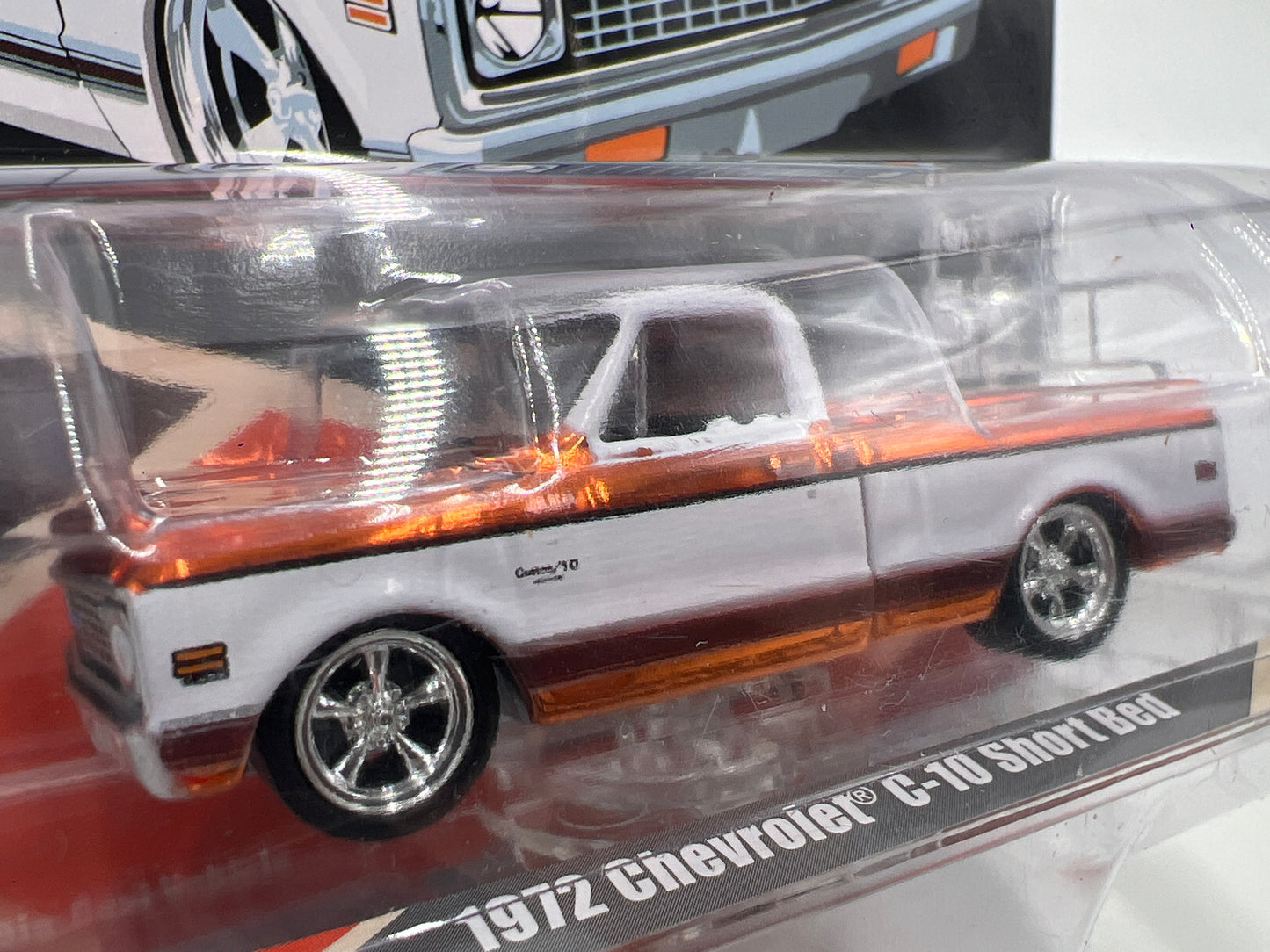 Greenlight Mijo Exclusives CHROME CHASE 1972 Chevrolet C10 Short Bed Orange